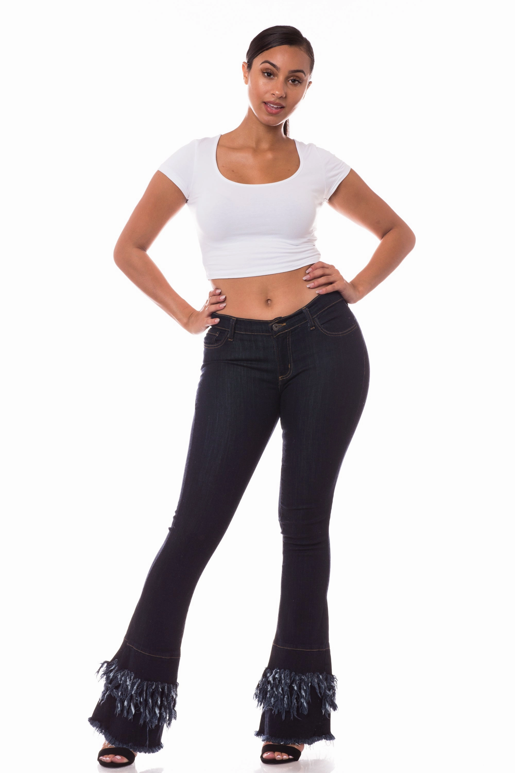 2038F Women's Mid Waisted Frayed Flare Jeans Durable Weave Textured Smart Casual Road Trip