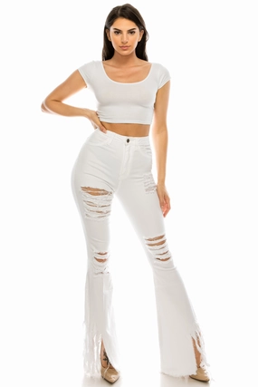 Rainy Day Everyday Active Touch 2049 Women's High Waisted Destroyed Raw Hem Frayed Flare Jeans