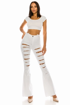 Go Anywhere Look High Quality Eco Friendly 2056 Women's Super High Waisted Distressed Frayed Flare Jeans