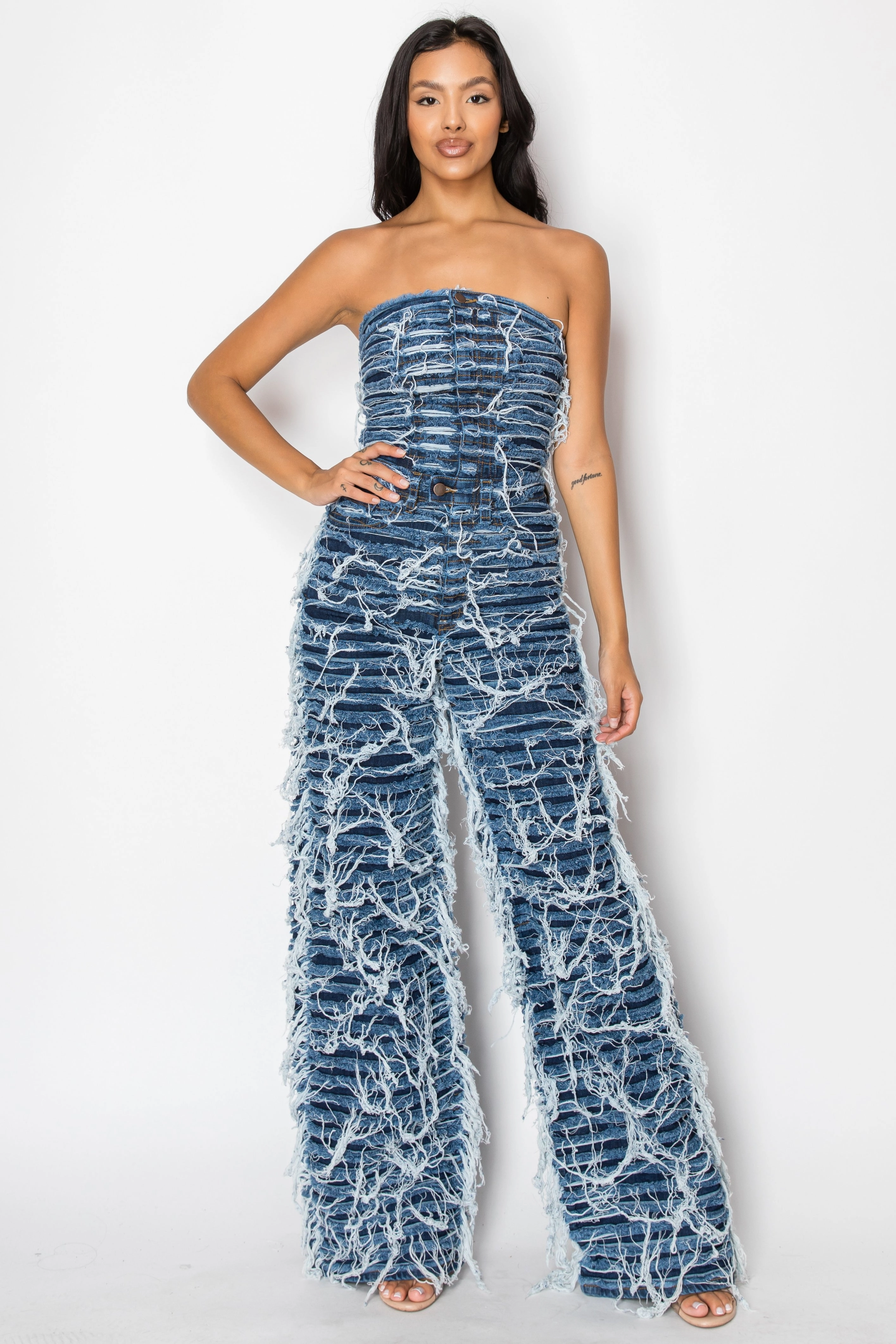 3052 Dual Layer Shaggy Halter Top Jumpsuit Fashionable Waist Street Style