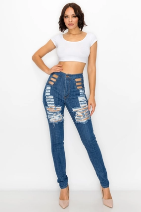 Classic Wear Morning Stroll 40009 Women's High Waisted Distressed Lattice Open Waist Skinny Jeans with Cut Outs