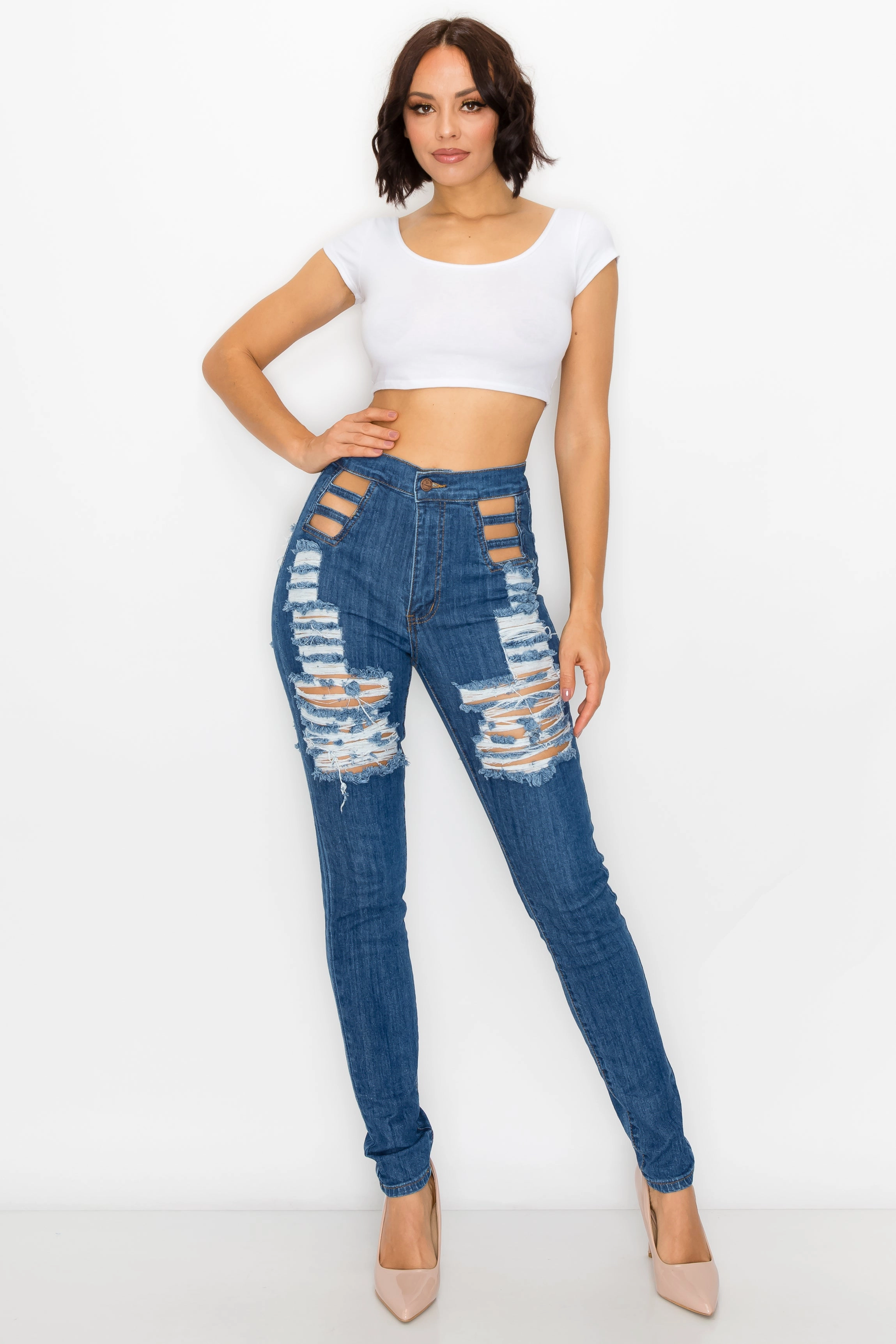 Easy Fit Design Casual Solution 40009 Women's High Waisted Distressed Lattice Open Waist Skinny Jeans with Cut Outs