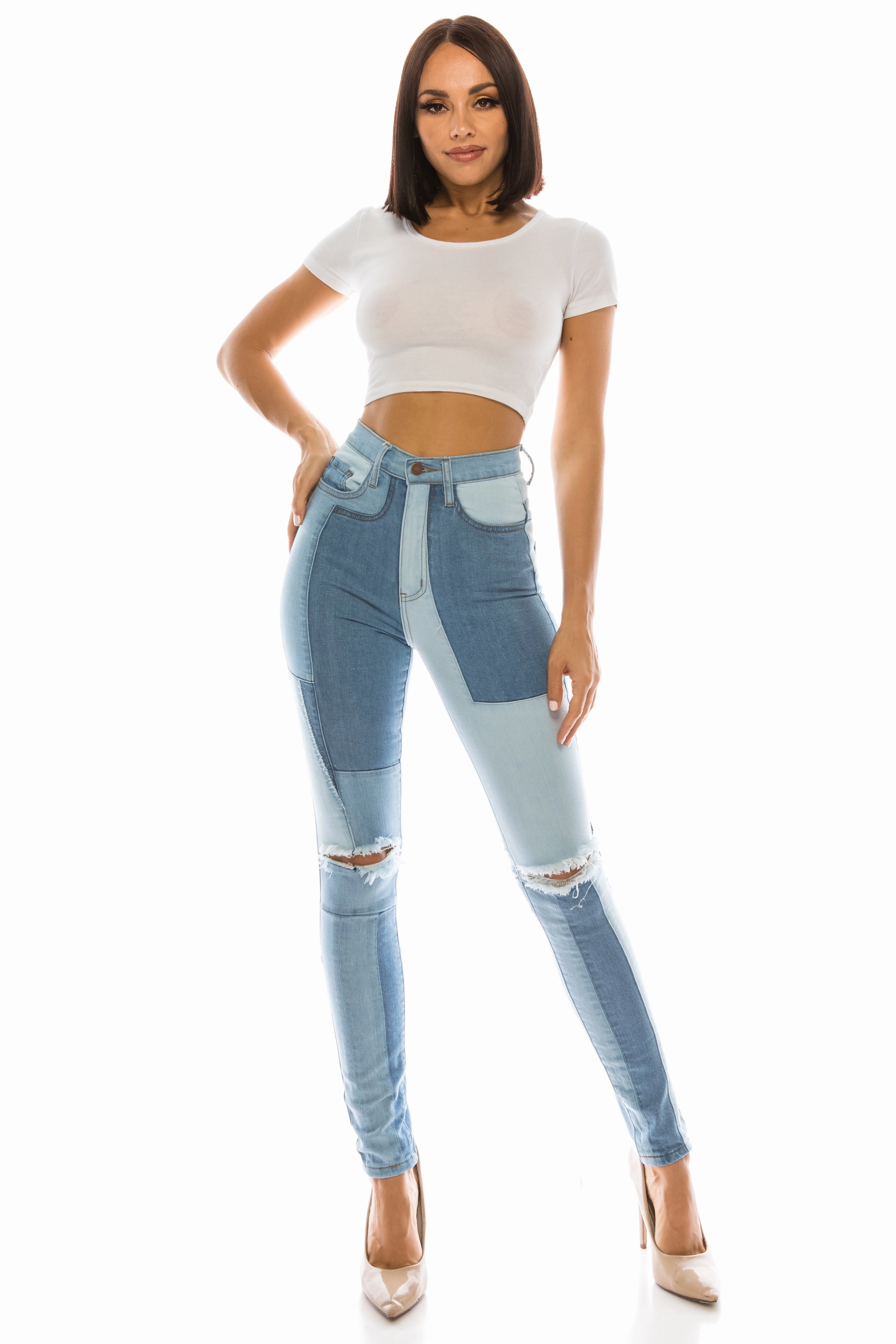 40043 Women's High Waisted Multi Color Panel Skinny Jeans with Knee Slice Durable Streetwear Fan Premium