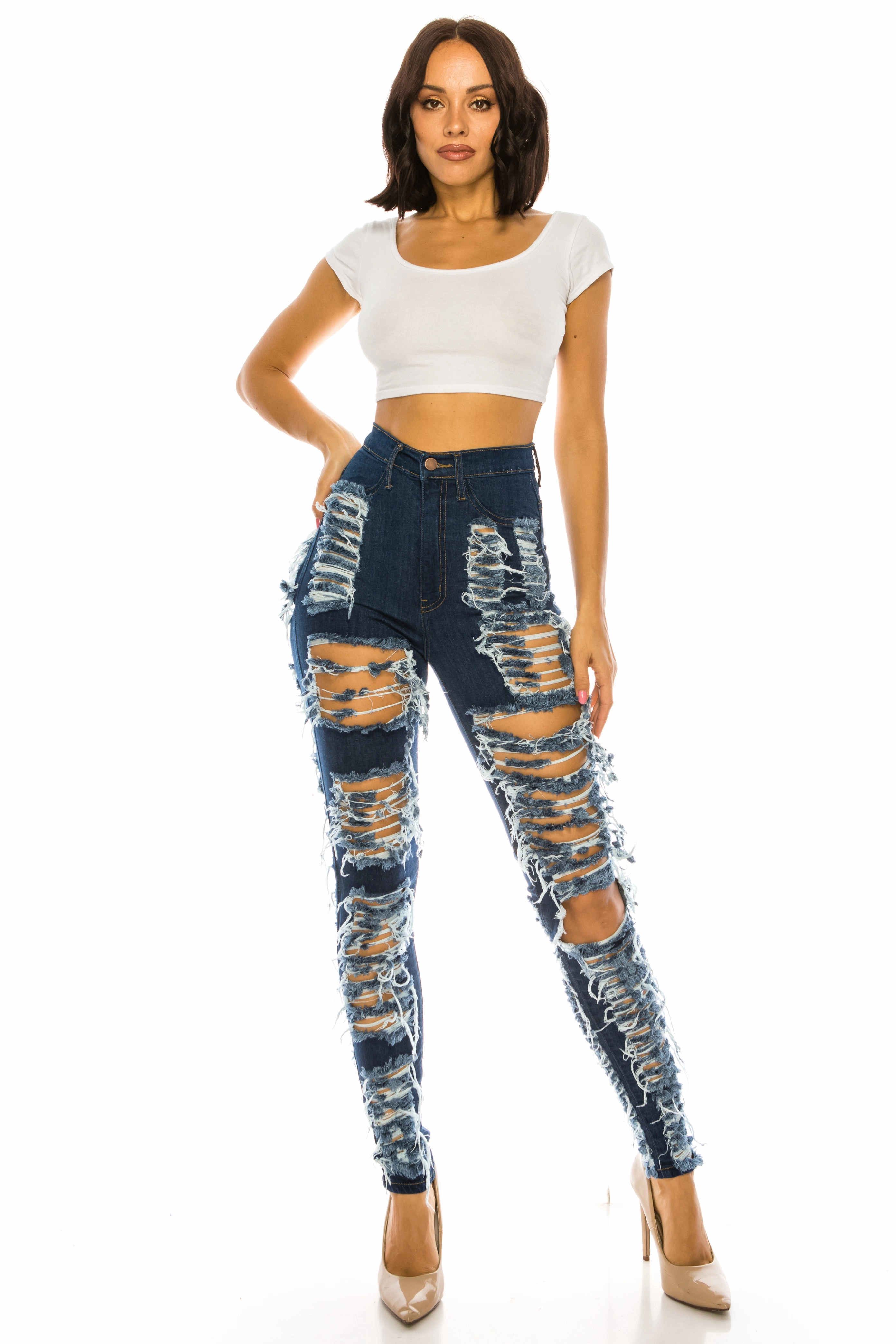 Daily Fashion Utility Style 40090 Women Super High Waisted Distressed Skinny Jeans with Cut Outs