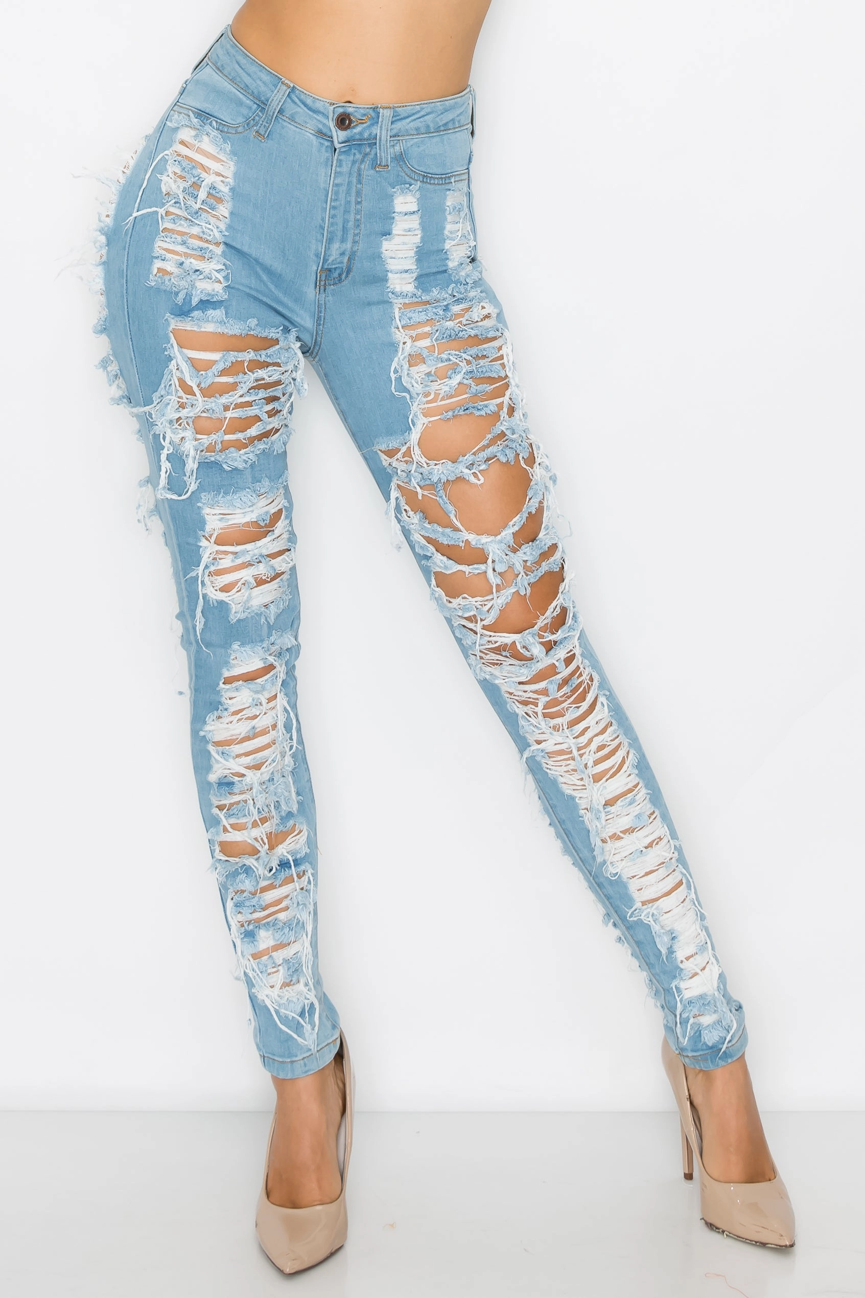 Easy Routine Sleek Shape 40090 Women Super High Waisted Distressed Skinny Jeans with Cut Outs