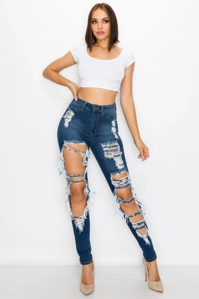 40098 Women's High Waisted Distressed Skinny Jeans with Cut Outs Leisure Ready Brunch Outfit Summer Vibes Versatile