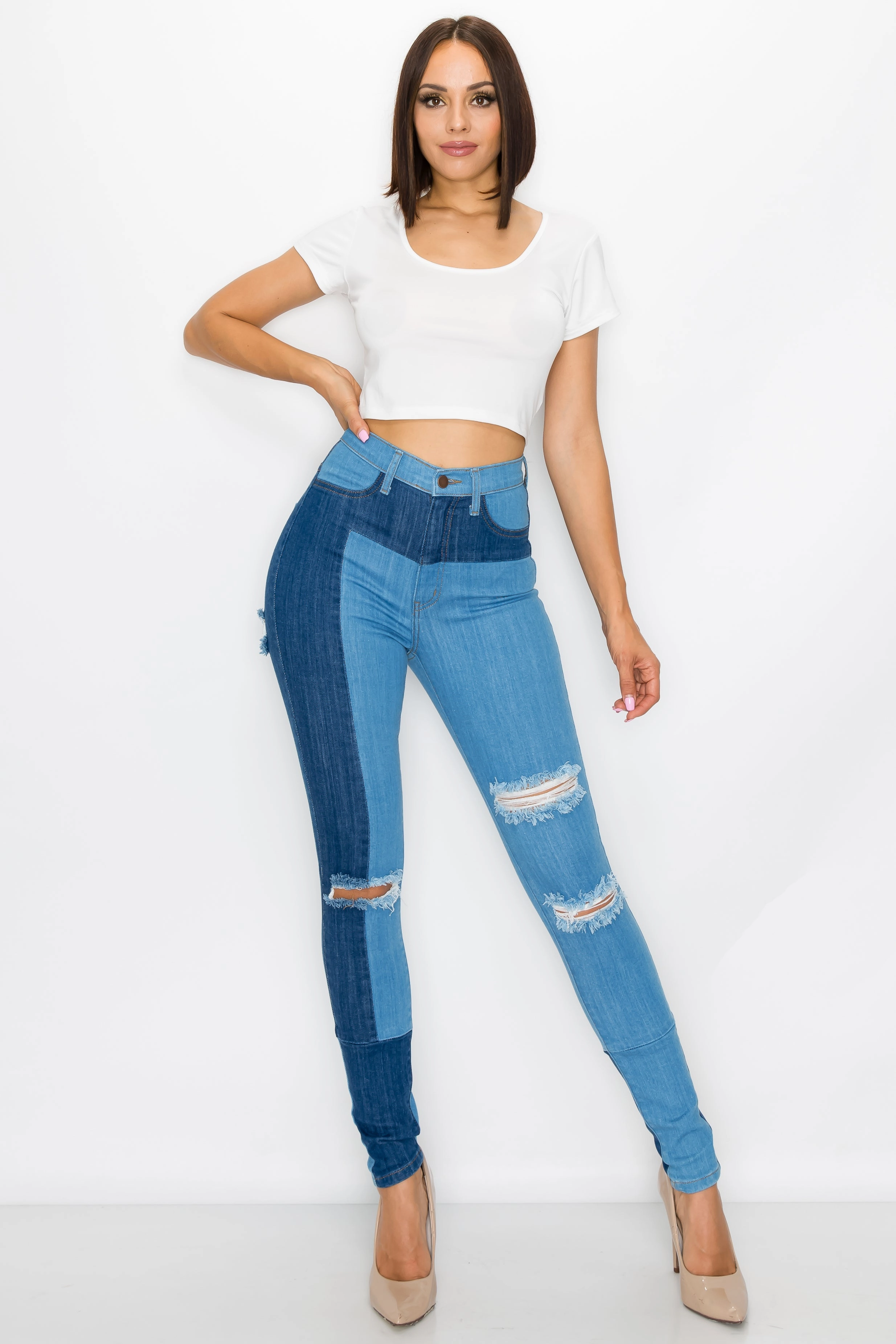 Street Fashion Parent Style Selvedge Denim 40190 Women's High Waisted Skinny Jeans with Slice Destruction