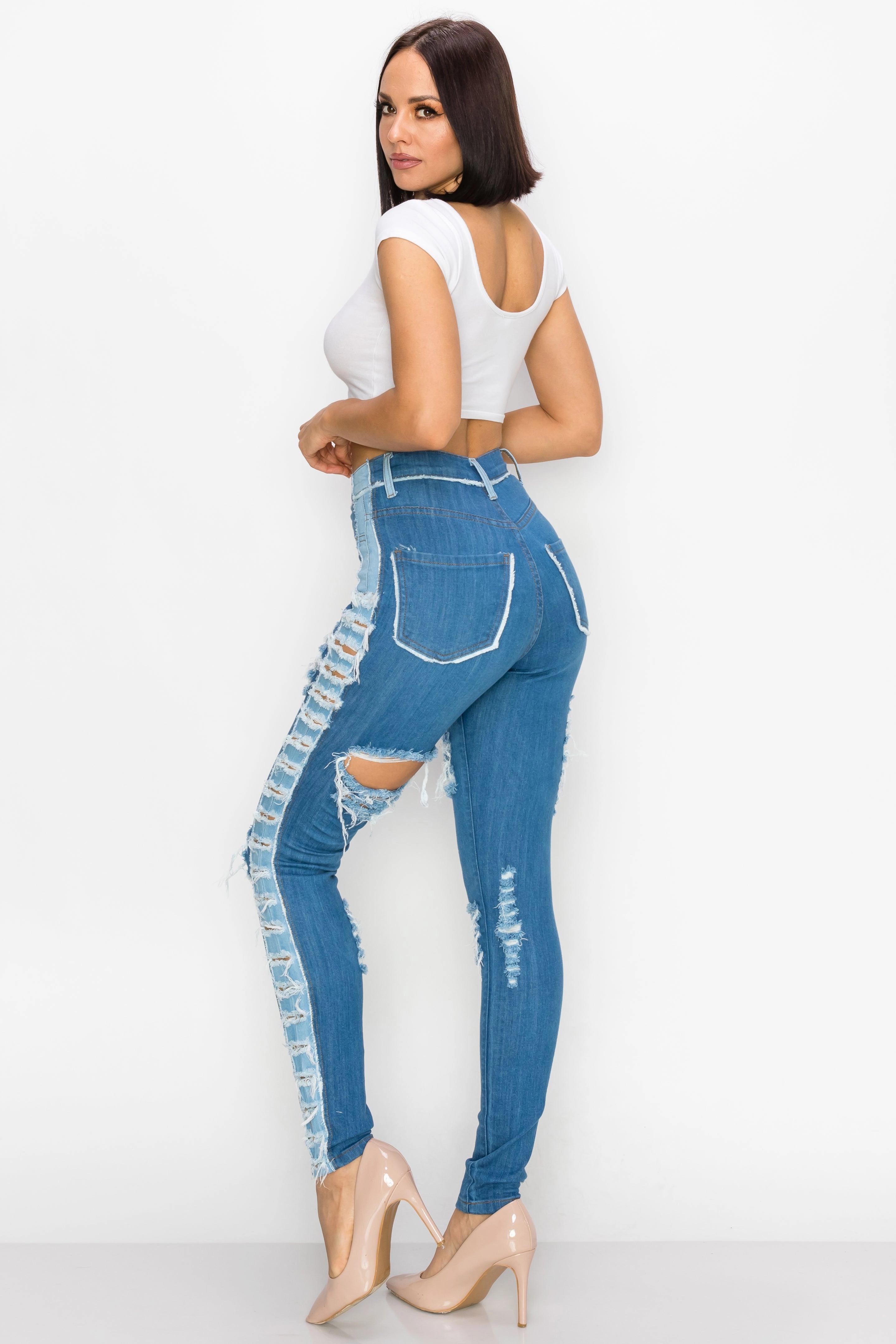 Lightweight Material No Bulk Seam Design 40237 Women's High Waisted Distressed Skinny Jeans with Sliced Outseam Panel