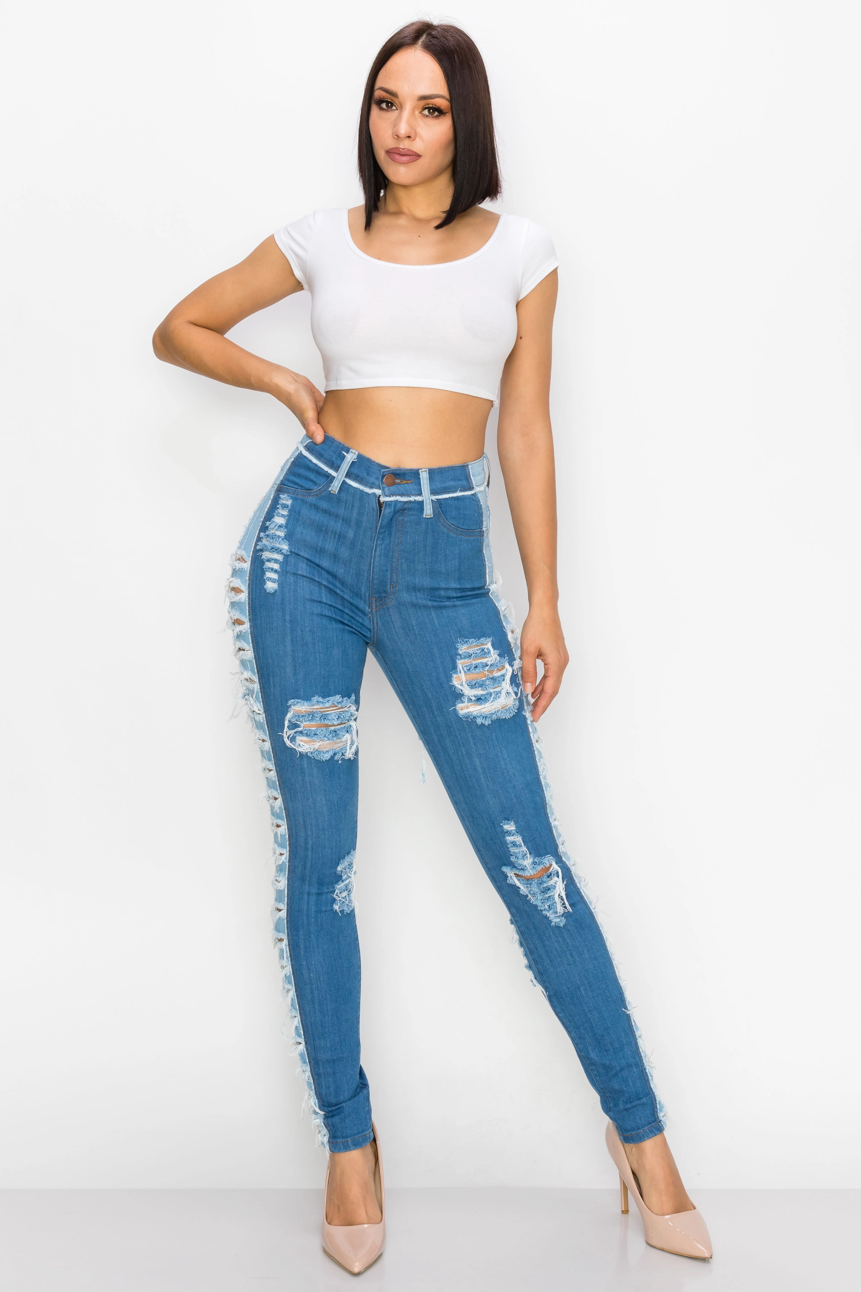 40237 Women's High Waisted Distressed Skinny Jeans with Sliced Outseam Panel Basic Comfort Streetwear Fan Earthy High Quality