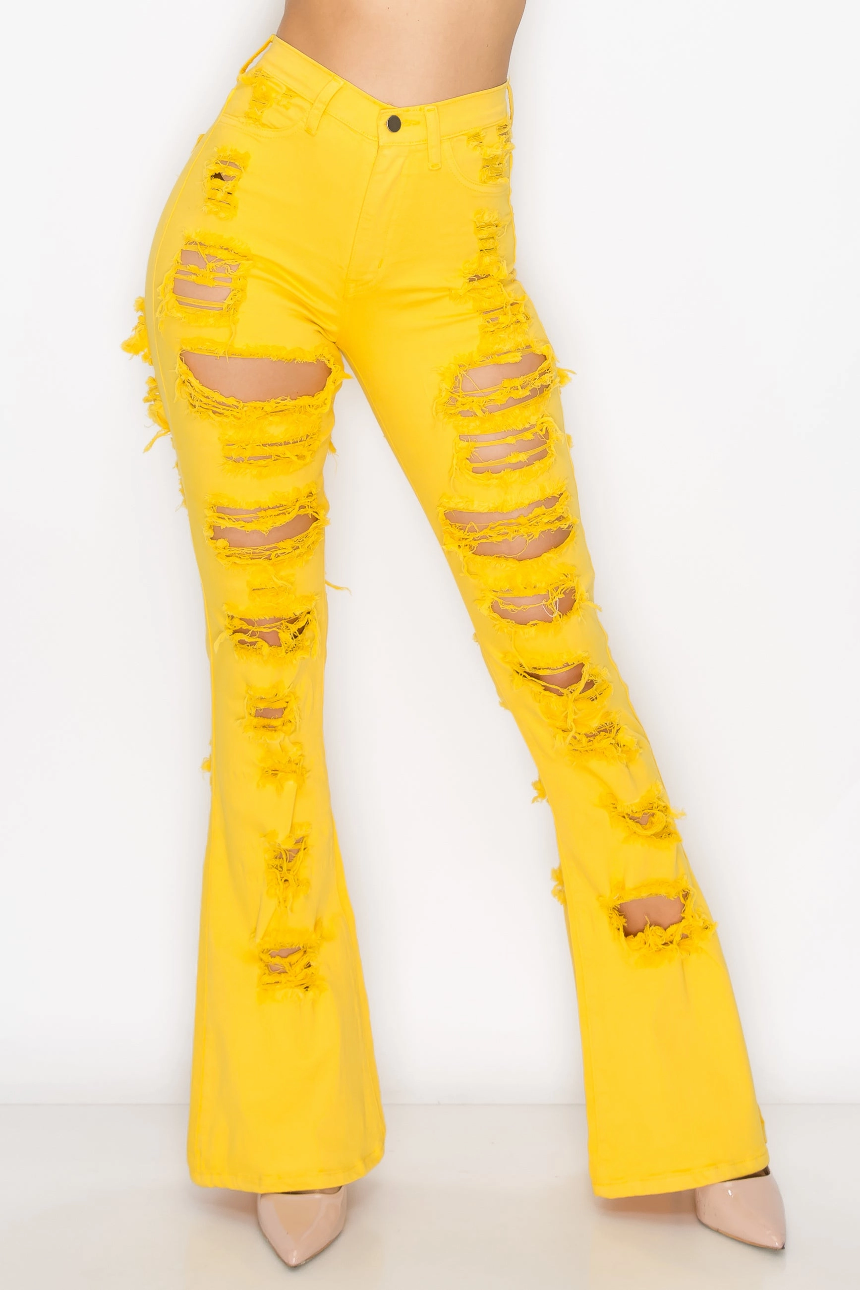 40260 Women's High Waisted Flare Jeans with Front and Back Slice Destruction Earthy Streetwear Fan Nature Lover Youth Style Office Wear