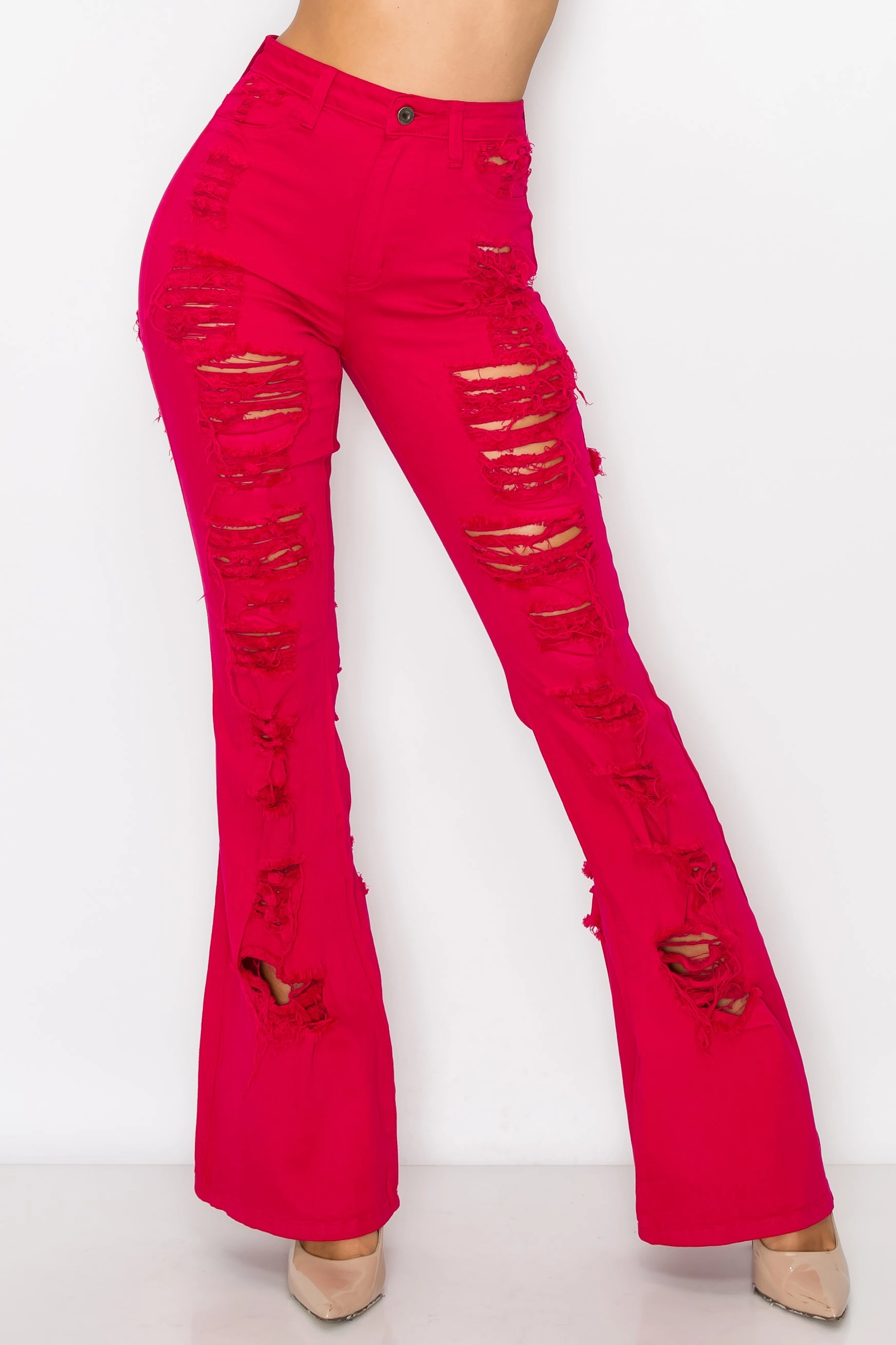 40260 Women's High Waisted Flare Jeans with Front and Back Slice Destruction Natural Look