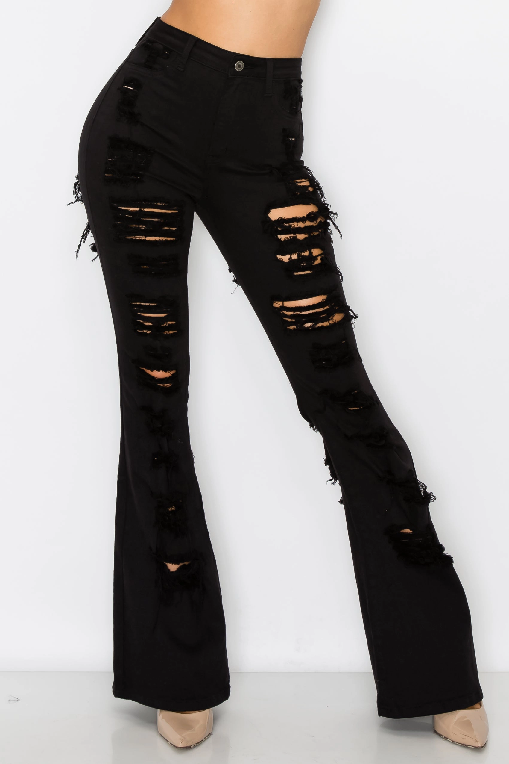 Luxury Textured Athlete Fit Earthy Modern Minimalist Office Wear 40260 Women's High Waisted Flare Jeans with Front and Back Slice Destruction