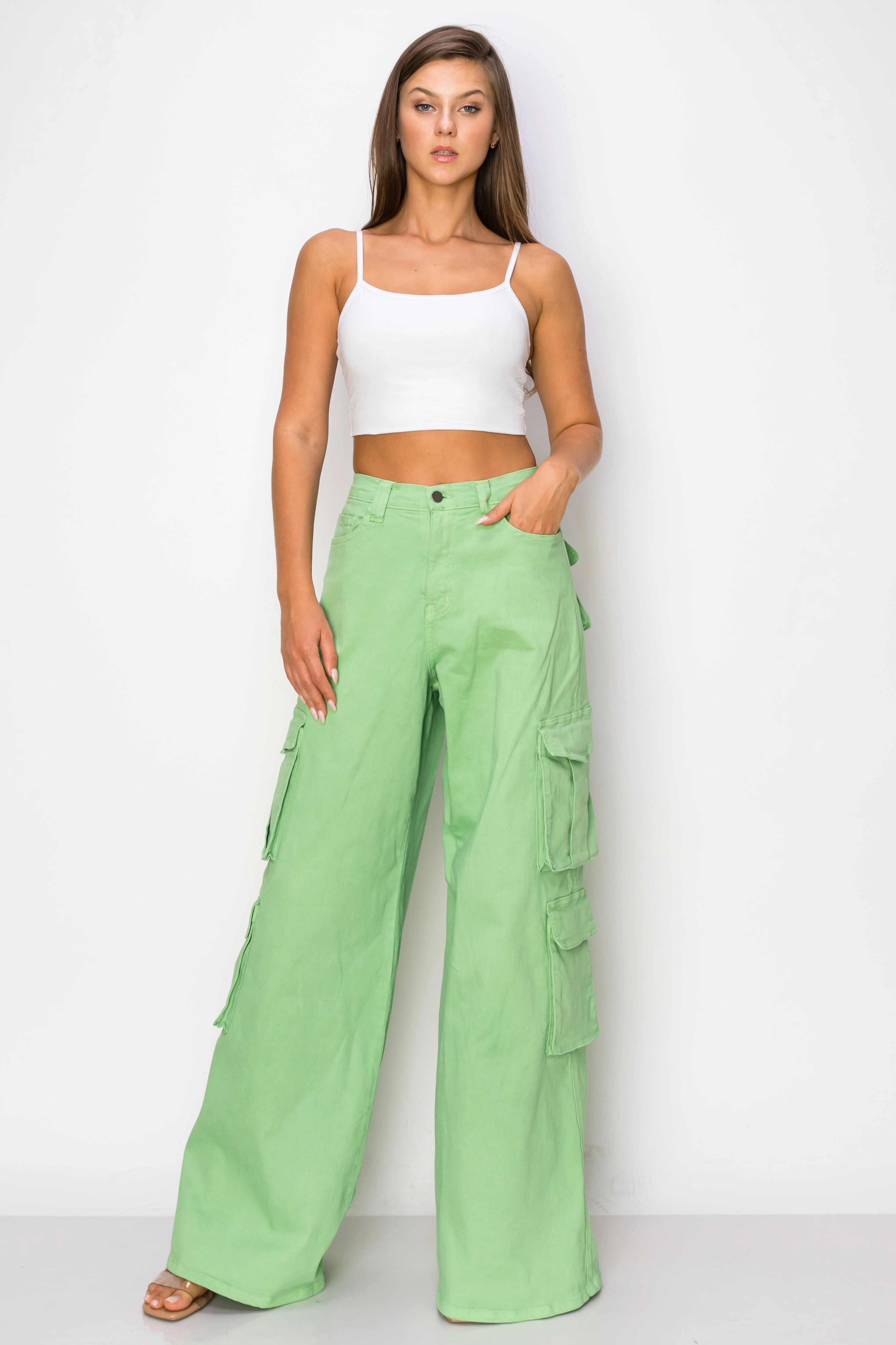 Neutral Casual Streetwear Fan Smart Basic 40496 Women's High Rise Double Cargo Flare Jeans