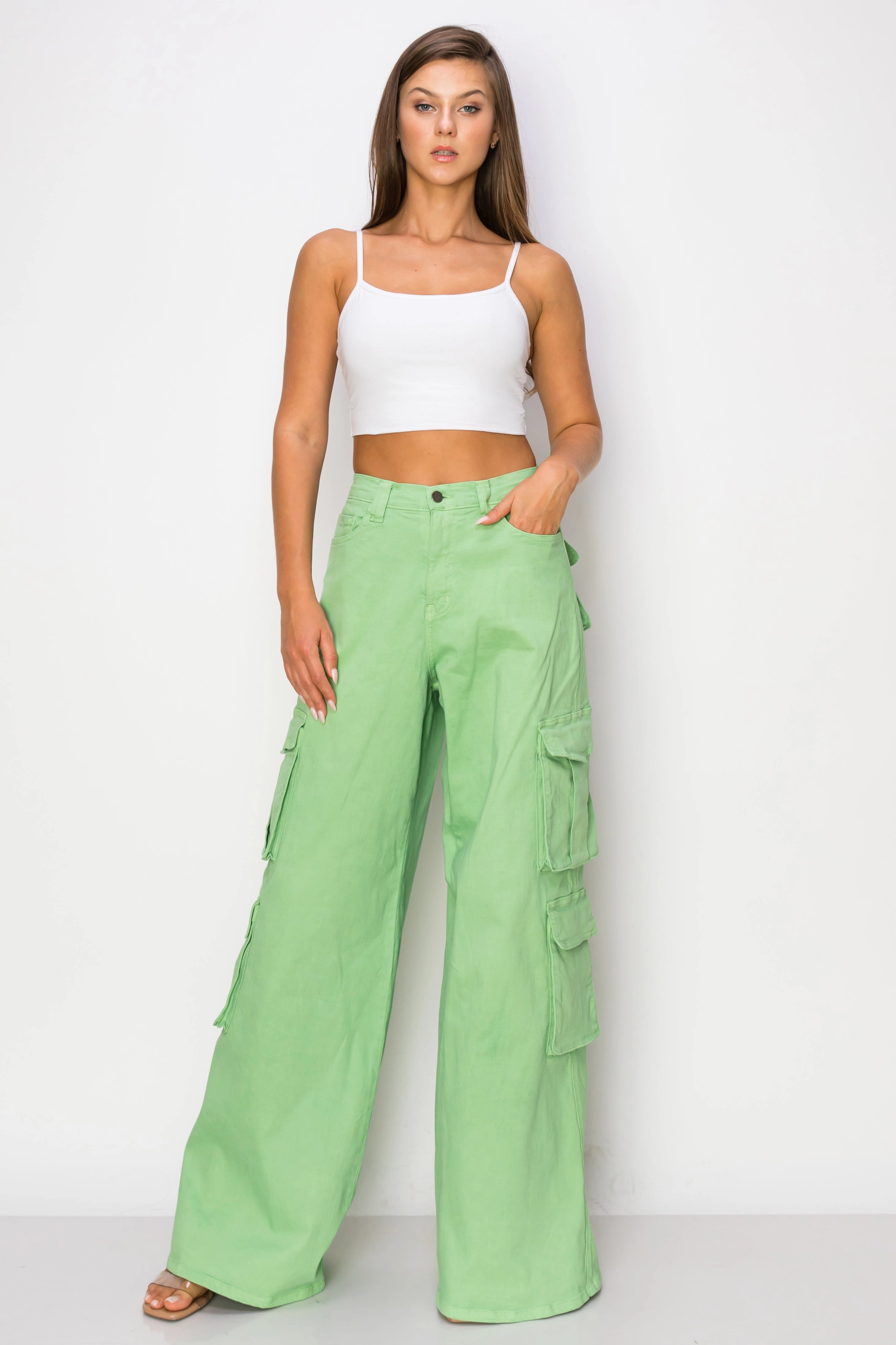 40496 Women's High Rise Double Cargo Flare Jeans Crosshatch Stitching Fashion friendly