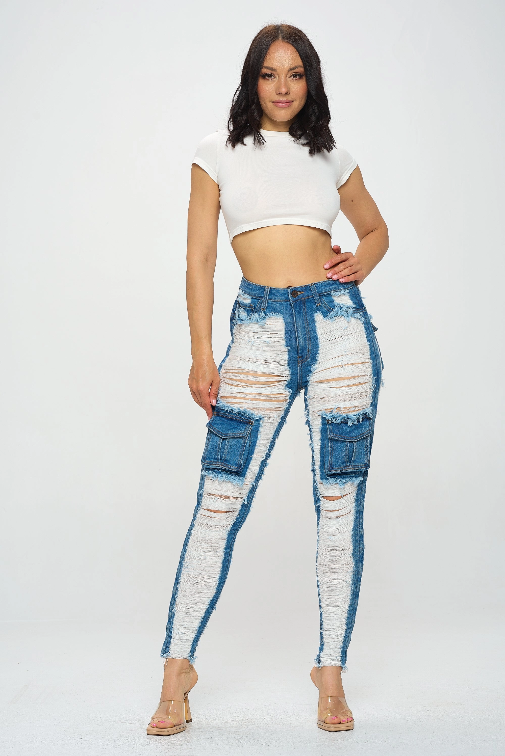 Neutral Mood 40573 Women's High Rise Frayed Front Cargo Pocket Skinny Jeans