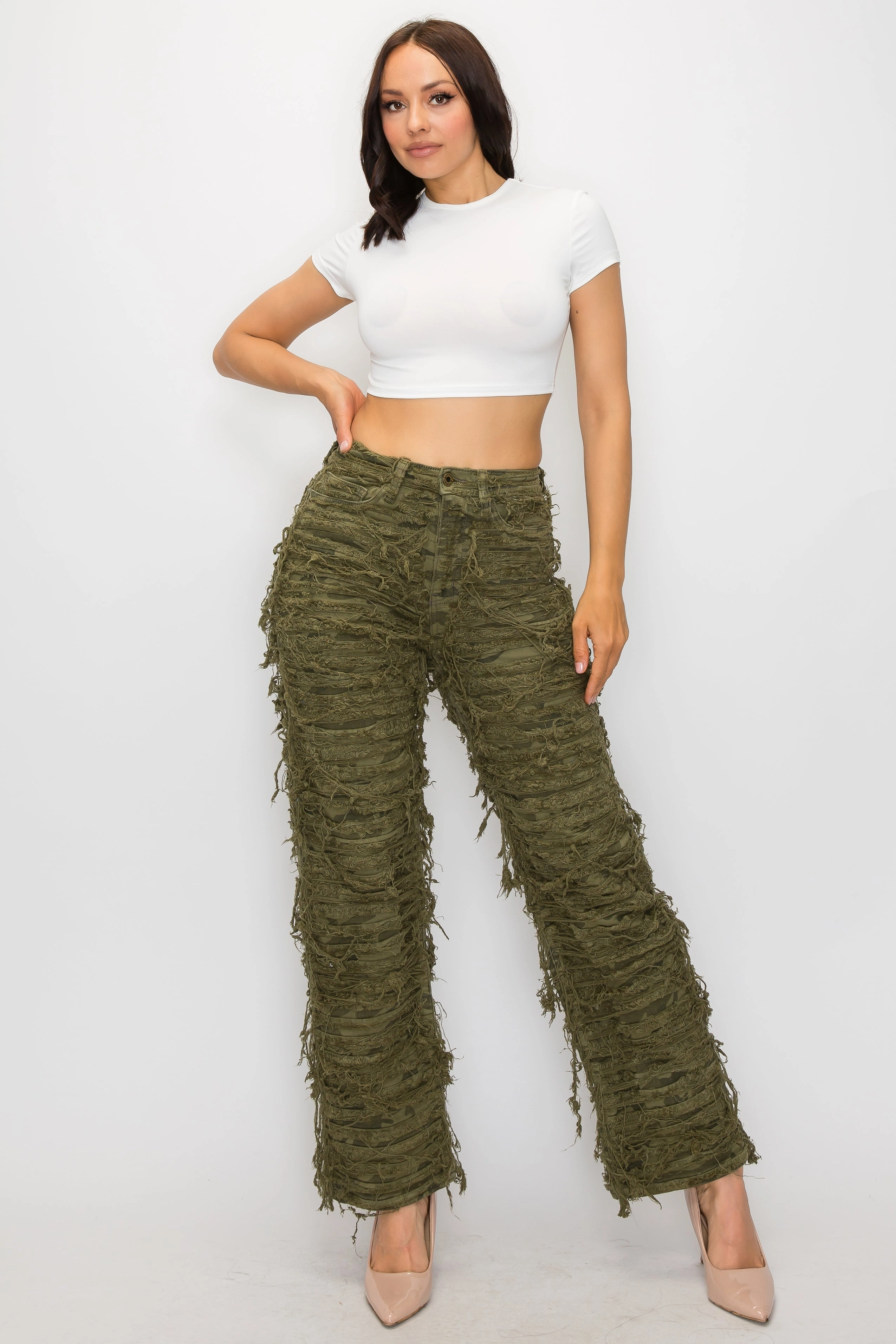 Relaxed Fit No Hassle Fit 40574 Women's Mid Rise Dual Layer Distressed Relaxed Frayed Jeans