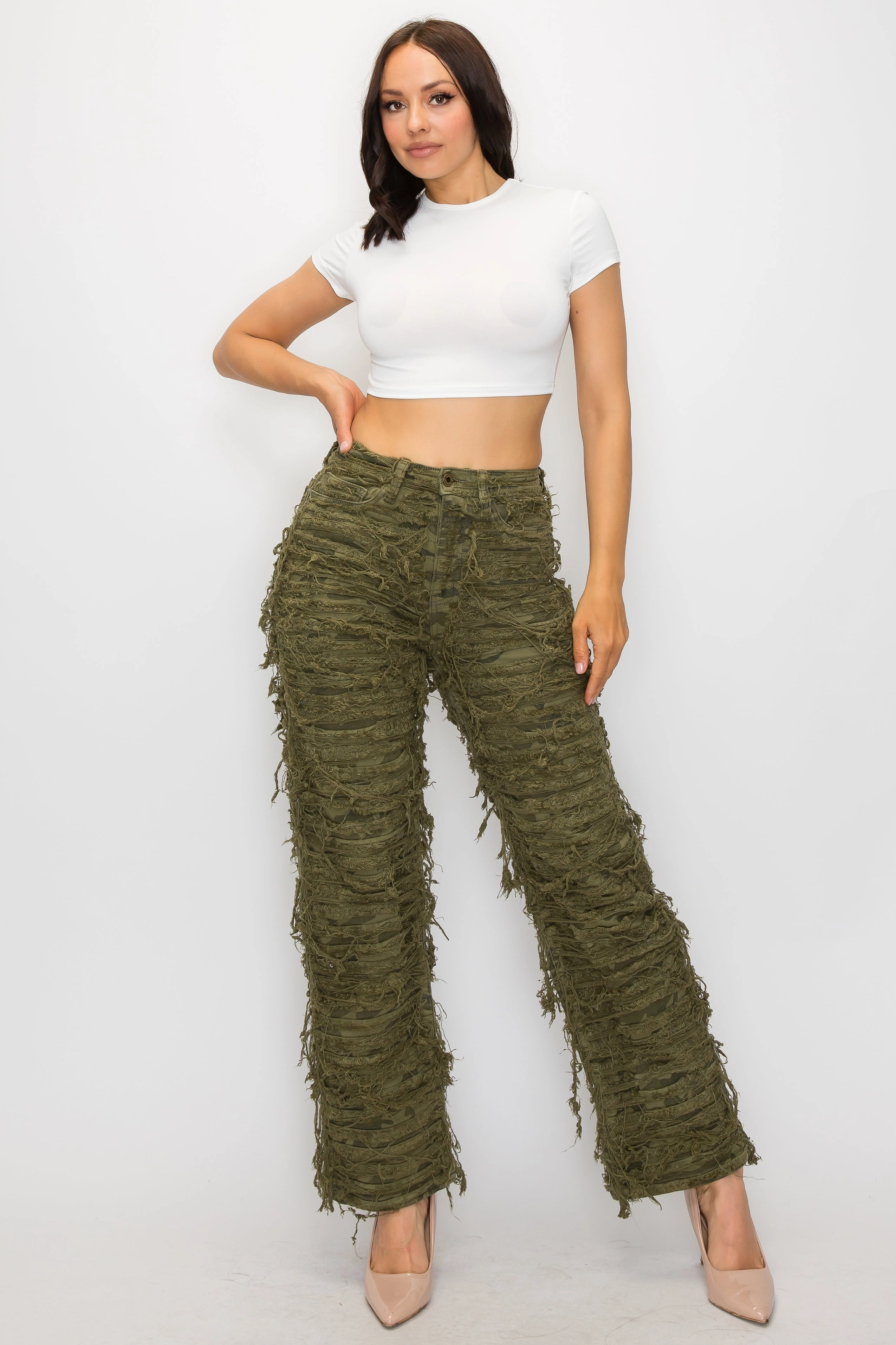 Shrink Resistant Denim Effortless Waist 40574 Women's Mid Rise Dual Layer Distressed Relaxed Frayed Jeans