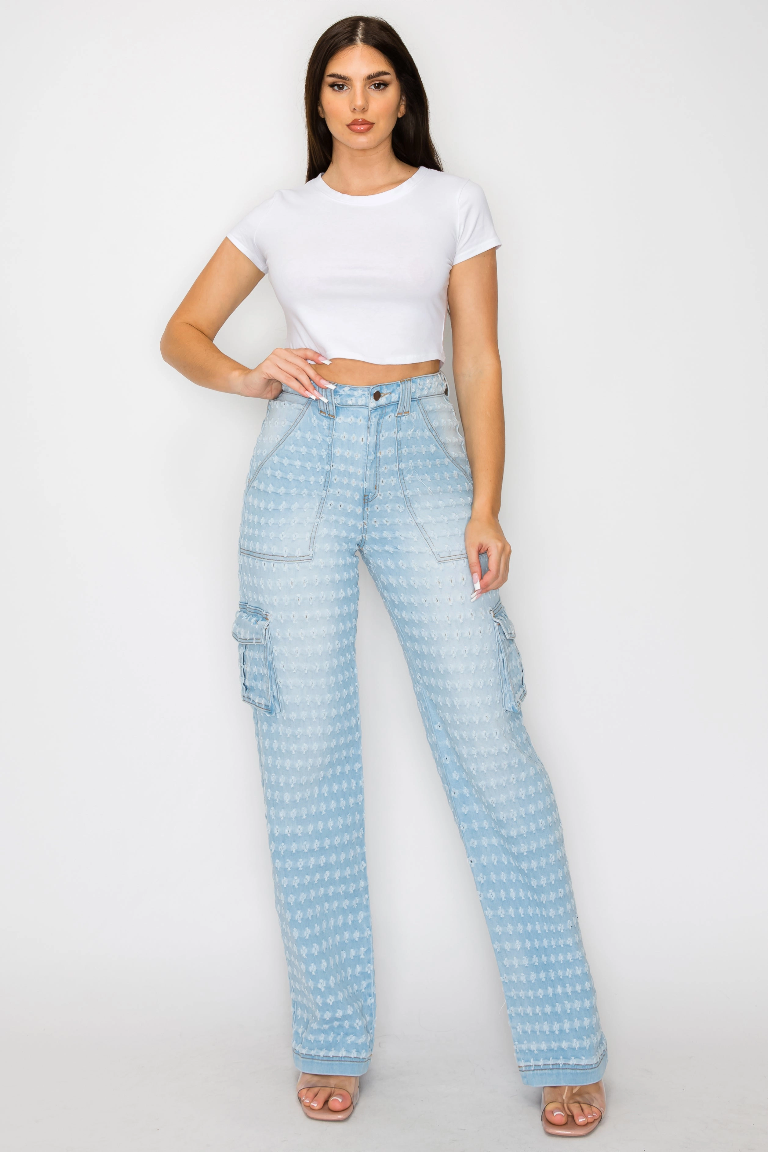 Versatile Tailoring Distressed Details 40581 Women's High Rise Shotgun Cargo Jeans