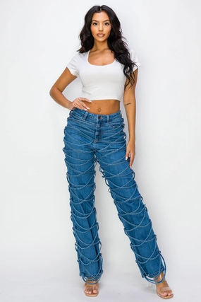 Neutral Choice 40582 Women's Mid Rise Straight Legged Jeans W/Laced up Legs