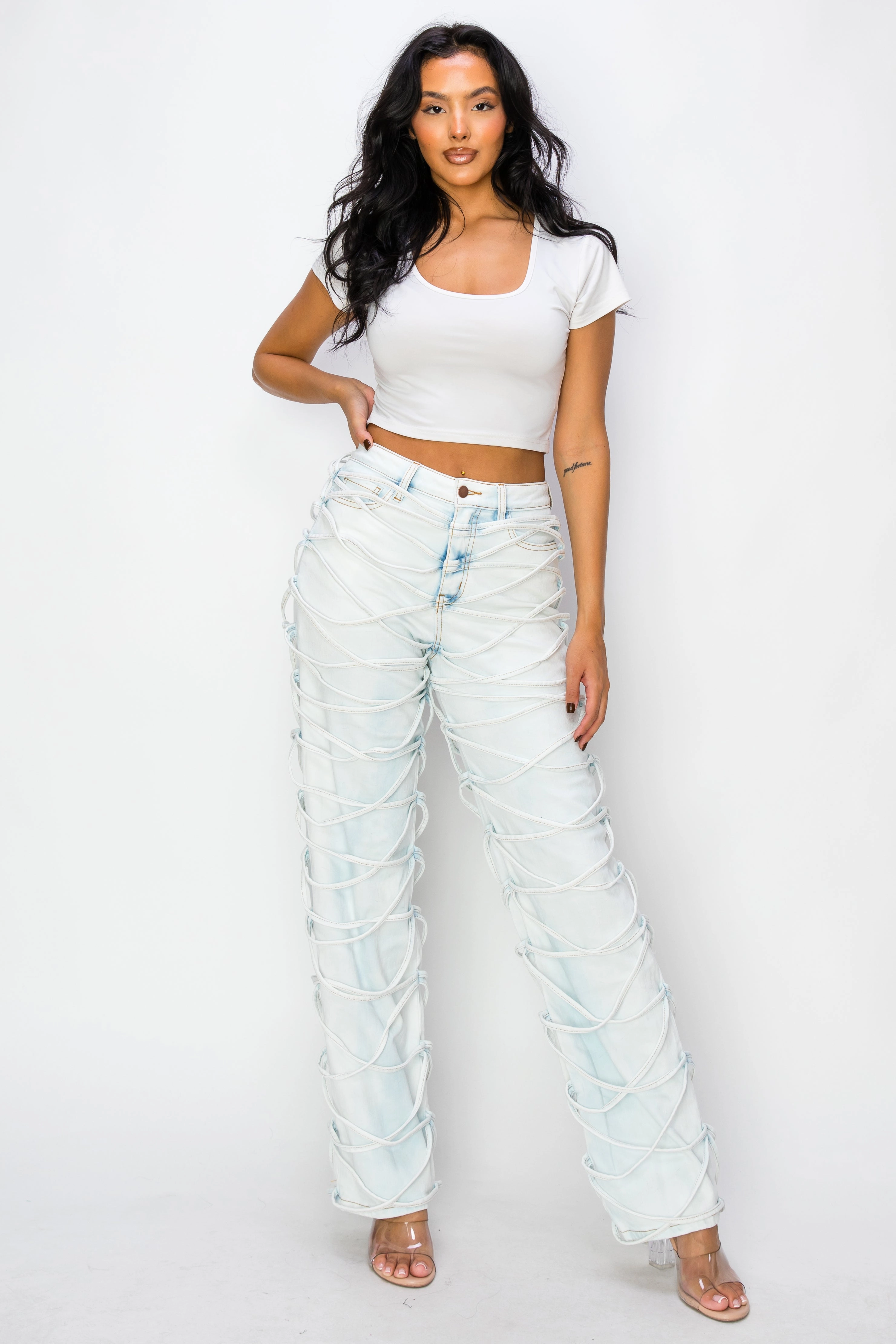 40582 Women's Mid Rise Straight Legged Jeans W/Laced up Legs Elegant Travel Outfit Minimalist Style Everyday Piece