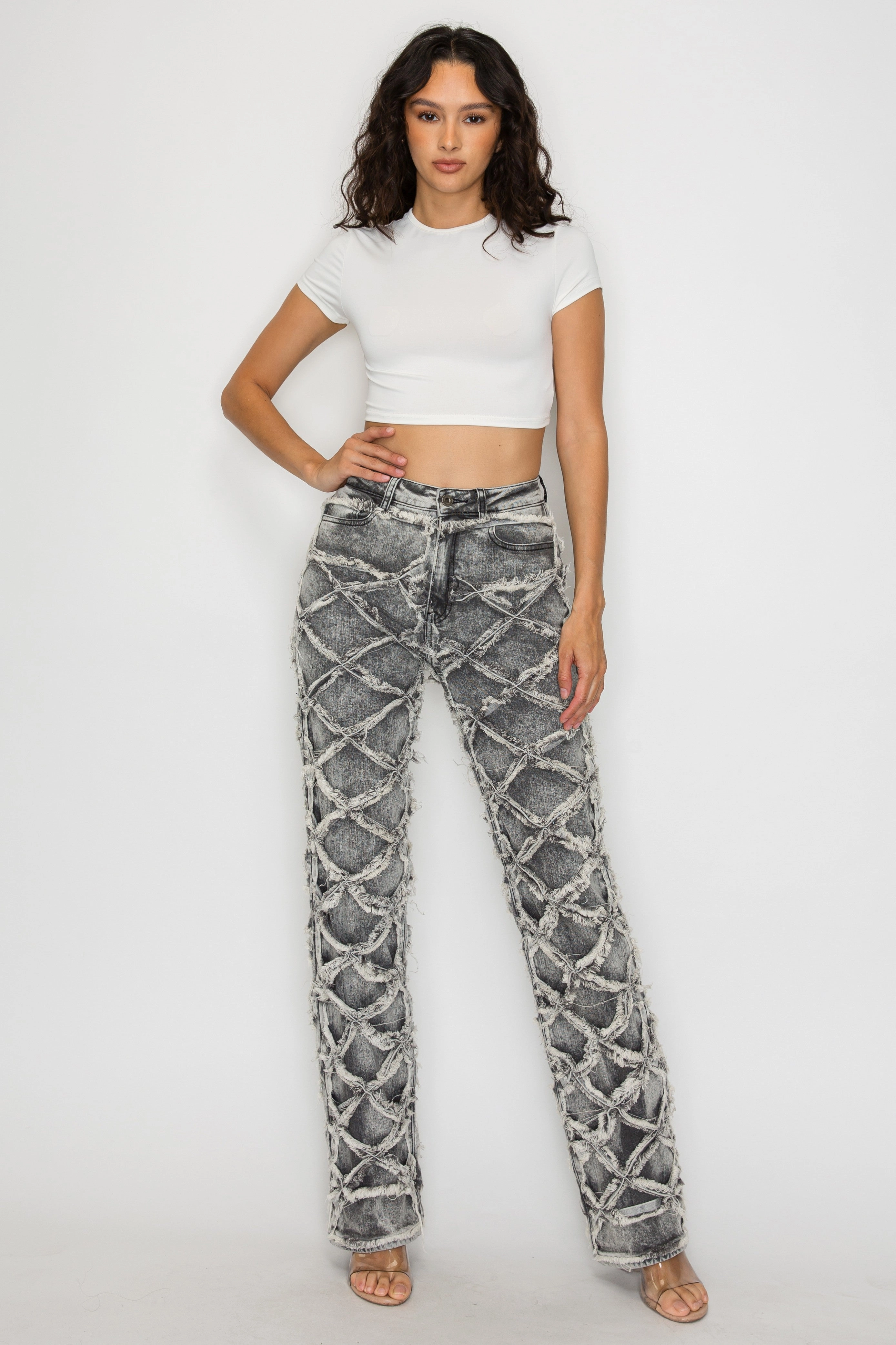 40631 High Rise Contrast Lattice Fray Jeans Stretch Denim Technology Work Ready Neutral