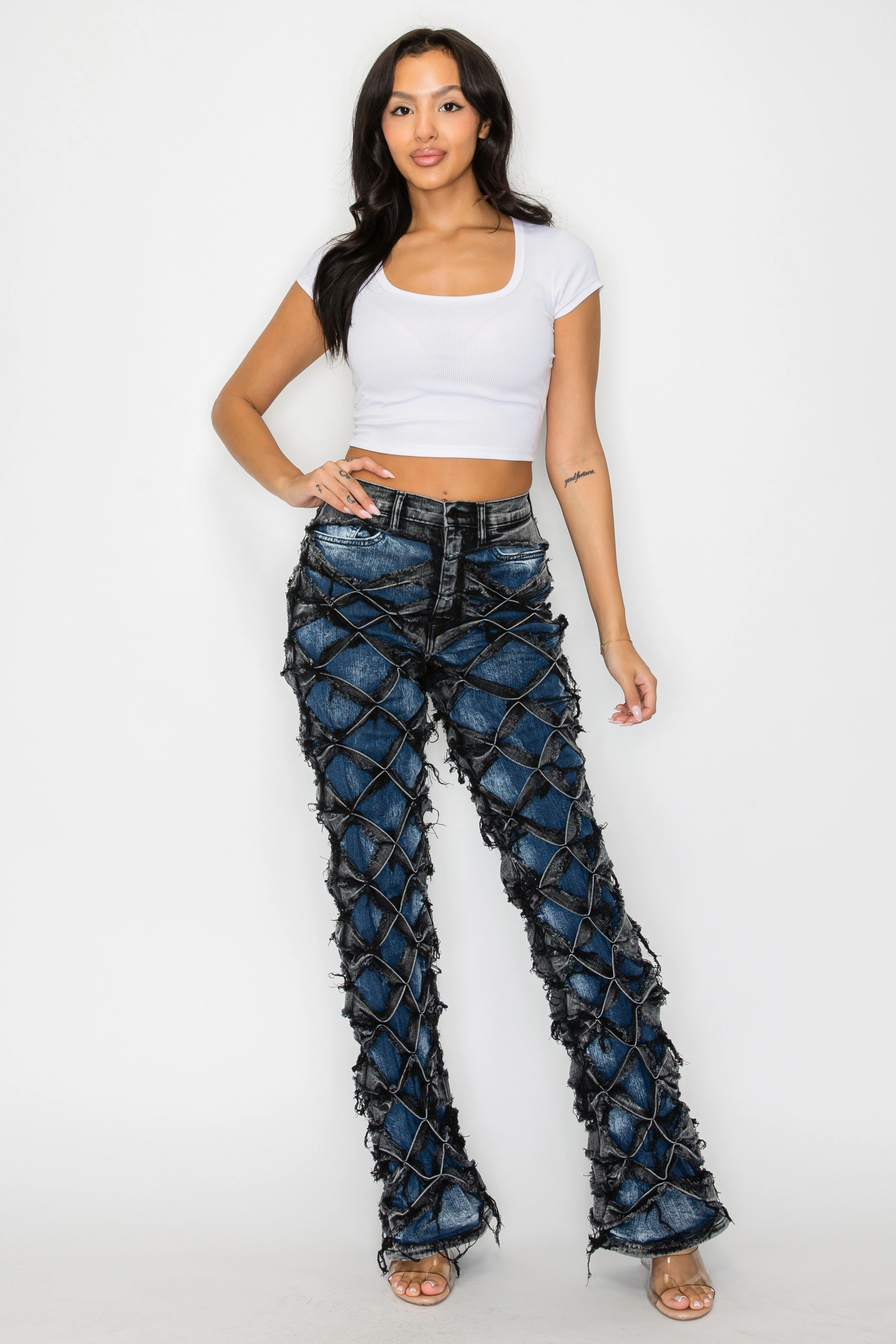 40631 High Rise Contrast Lattice Fray Jeans Perfect For Daily