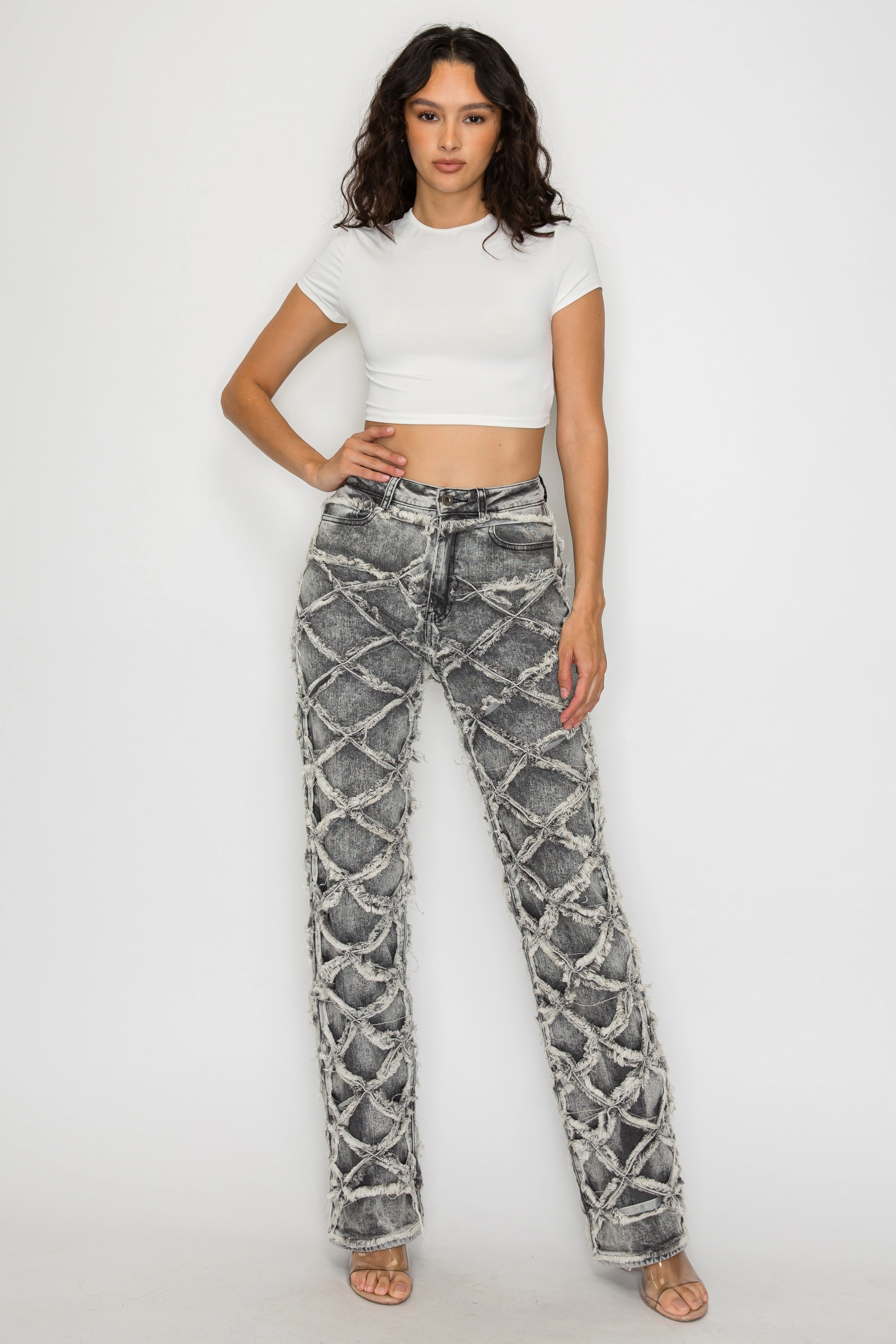 40631 High Rise Contrast Lattice Fray Jeans Staple Piece
