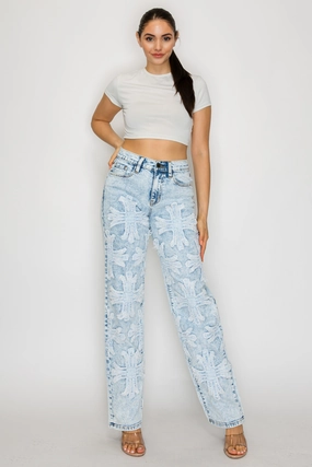 Balanced Look 40662 High Rise Straight Leg Jeans W/ Front Panel Cross Patches