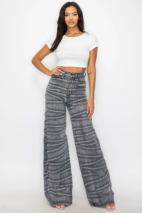 40716 High Rise Strap Illusion Flare Jeans Perfect Waist