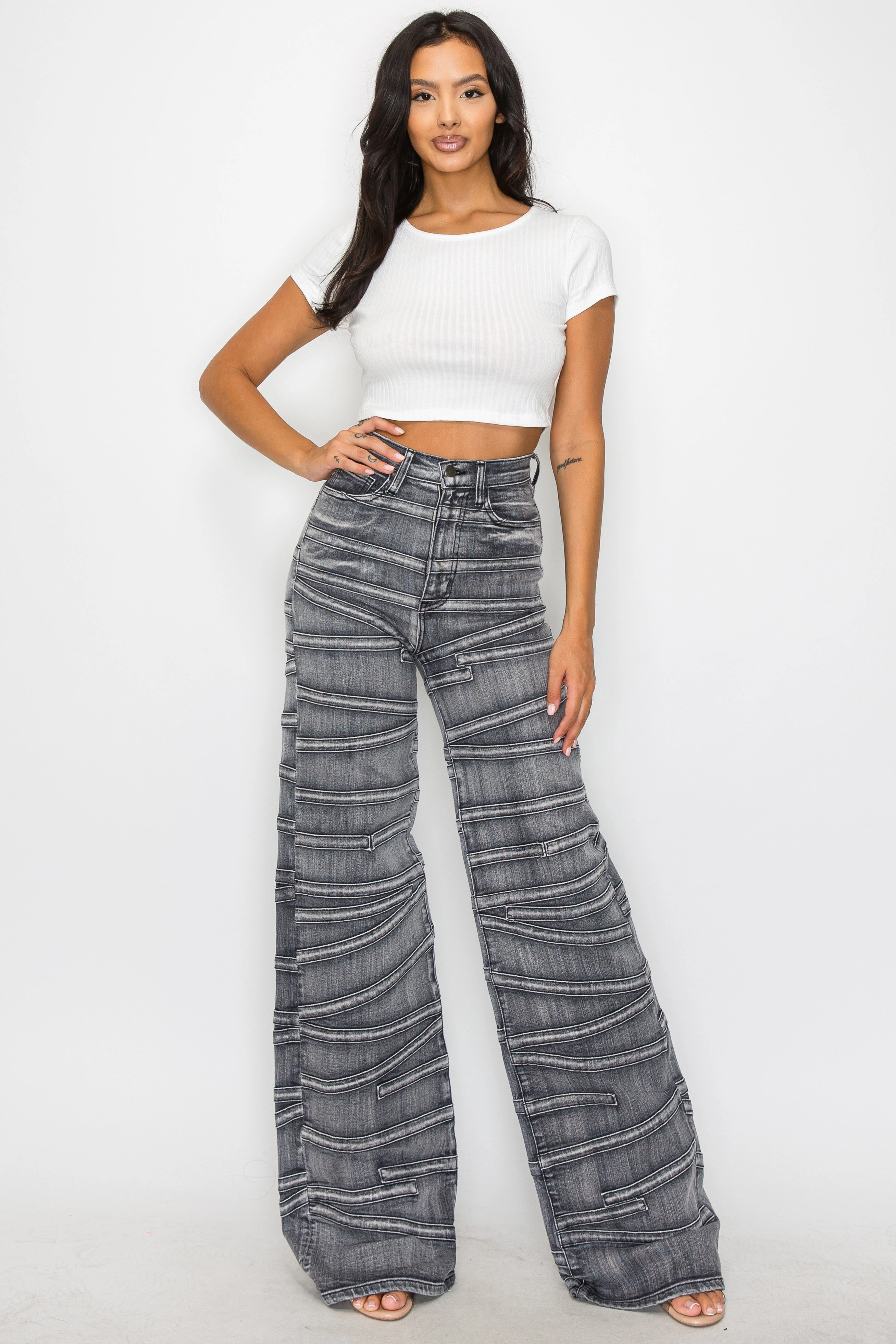 40716 High Rise Strap Illusion Flare Jeans Perfect Waist