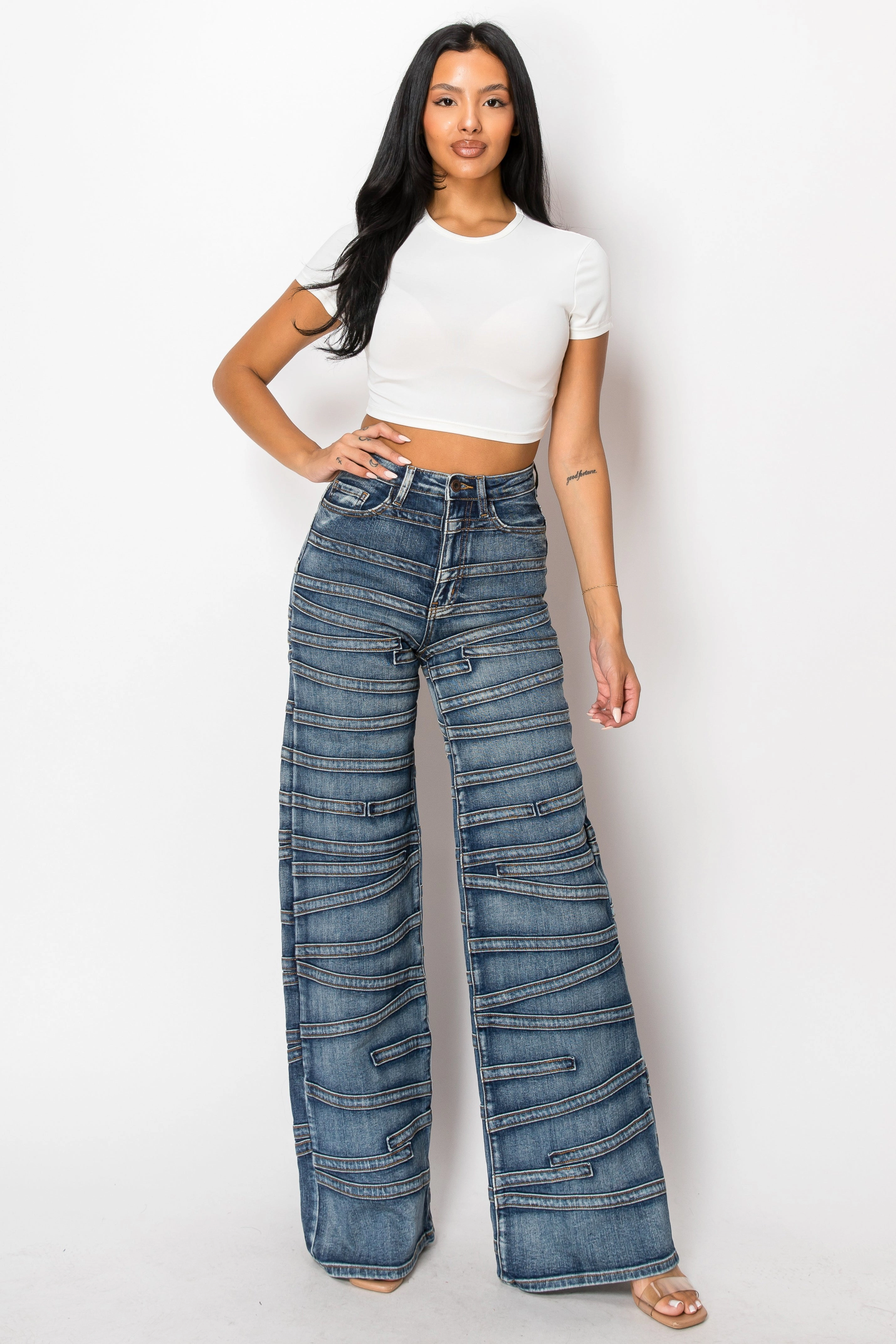 40716 High Rise Strap Illusion Flare Jeans Clean Silhouette Softened Fabric