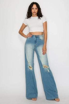 Beach Day Winter Warmth Classic Smooth Loose Versatile 40725 High Rise Wide Leg Jeans W/ Knee Destruction & Light Hand Sanding
