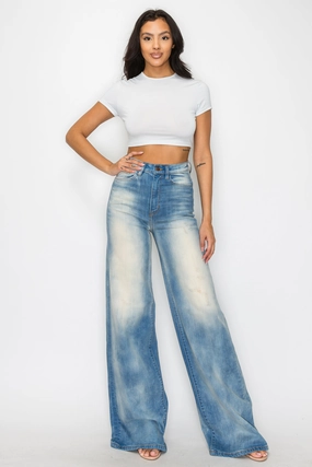 40750 High Rise Wide Leg Vintage Effect Wash Jeans Refined Detail Trend Neutral