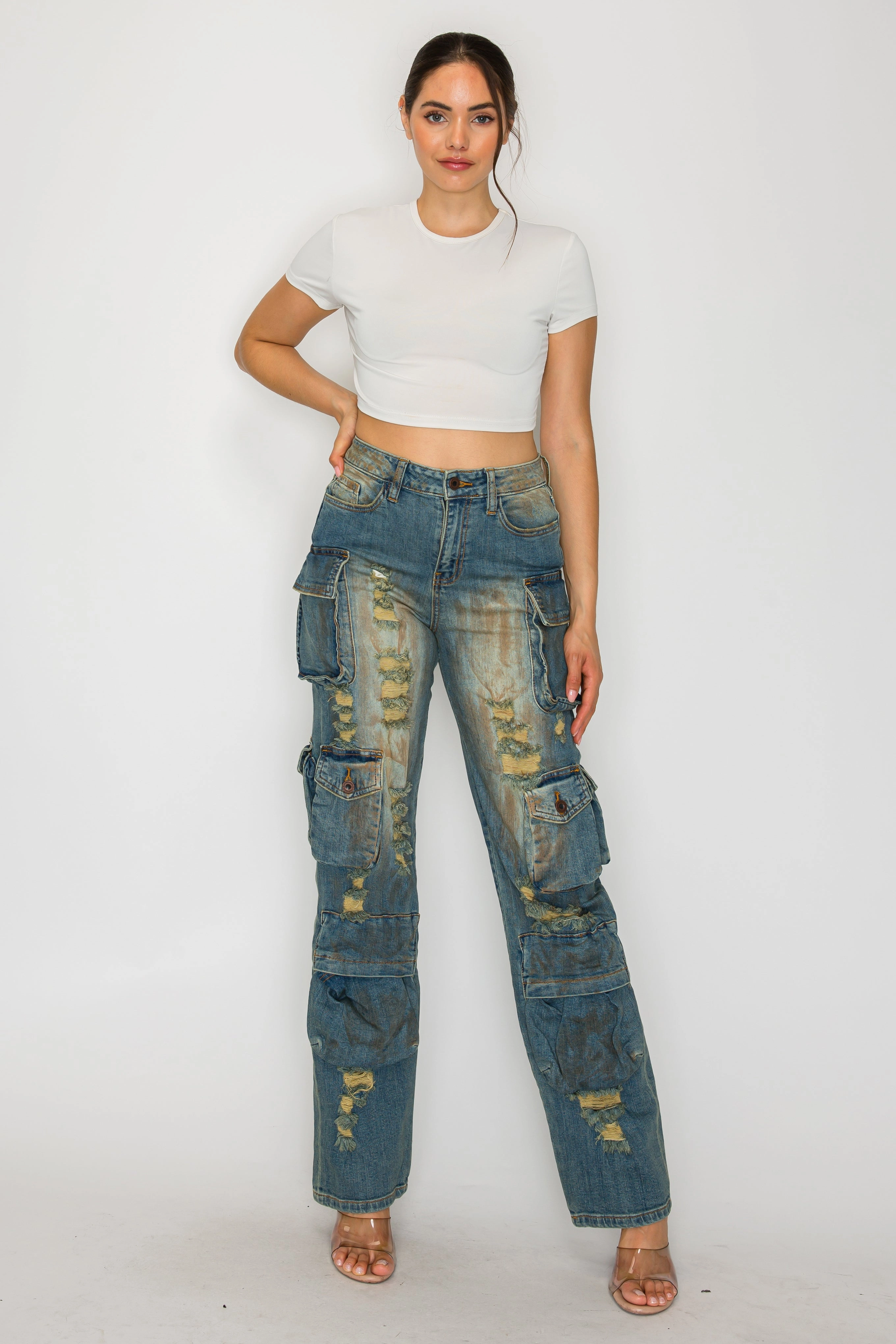 Light Stretch 40769 Mid Rise Multi Pocket Cargo Jeans W/ Front Panel Hand Sanding & Destruction