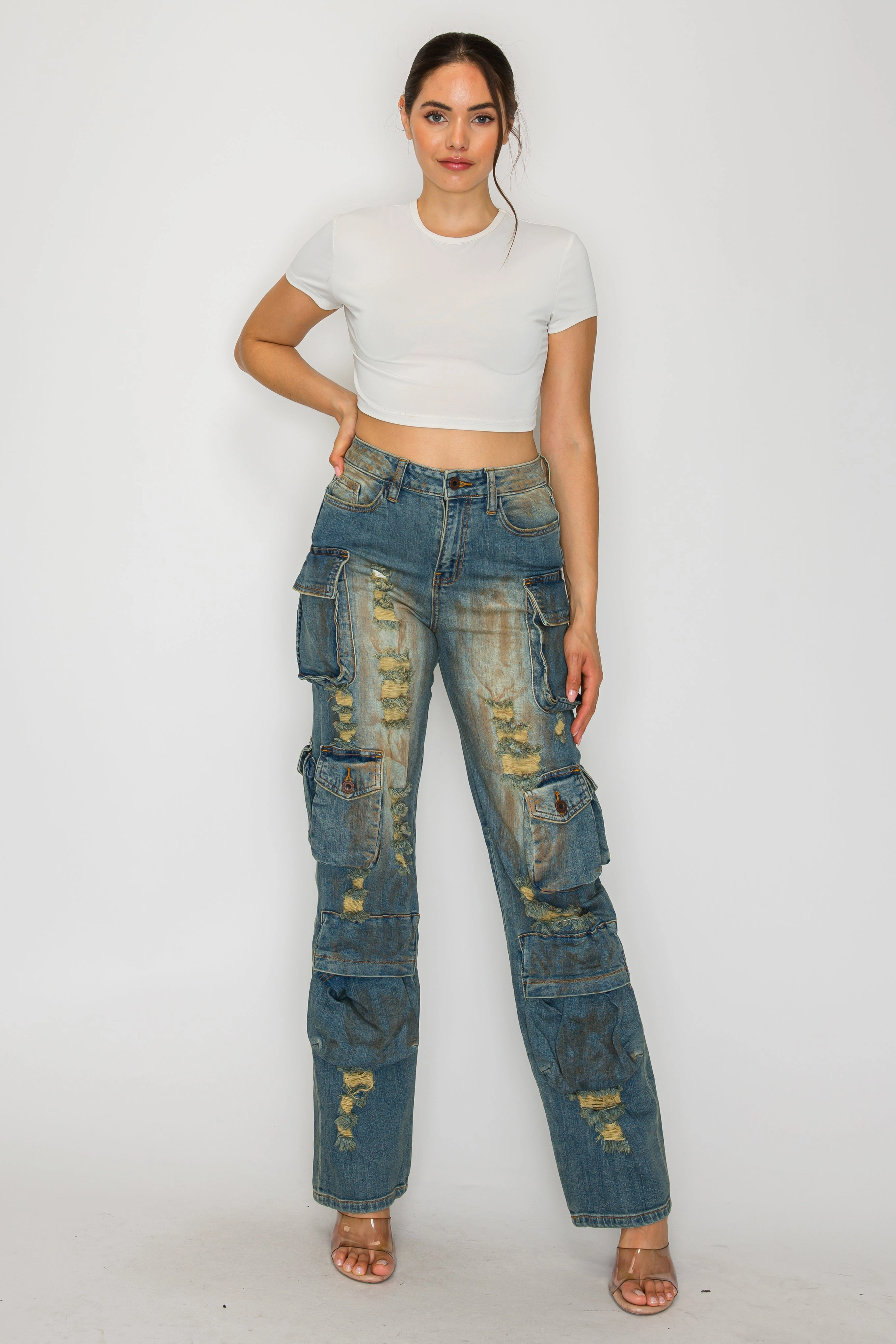 40769 Mid Rise Multi Pocket Cargo Jeans W/ Front Panel Hand Sanding & Destruction Refined Detail