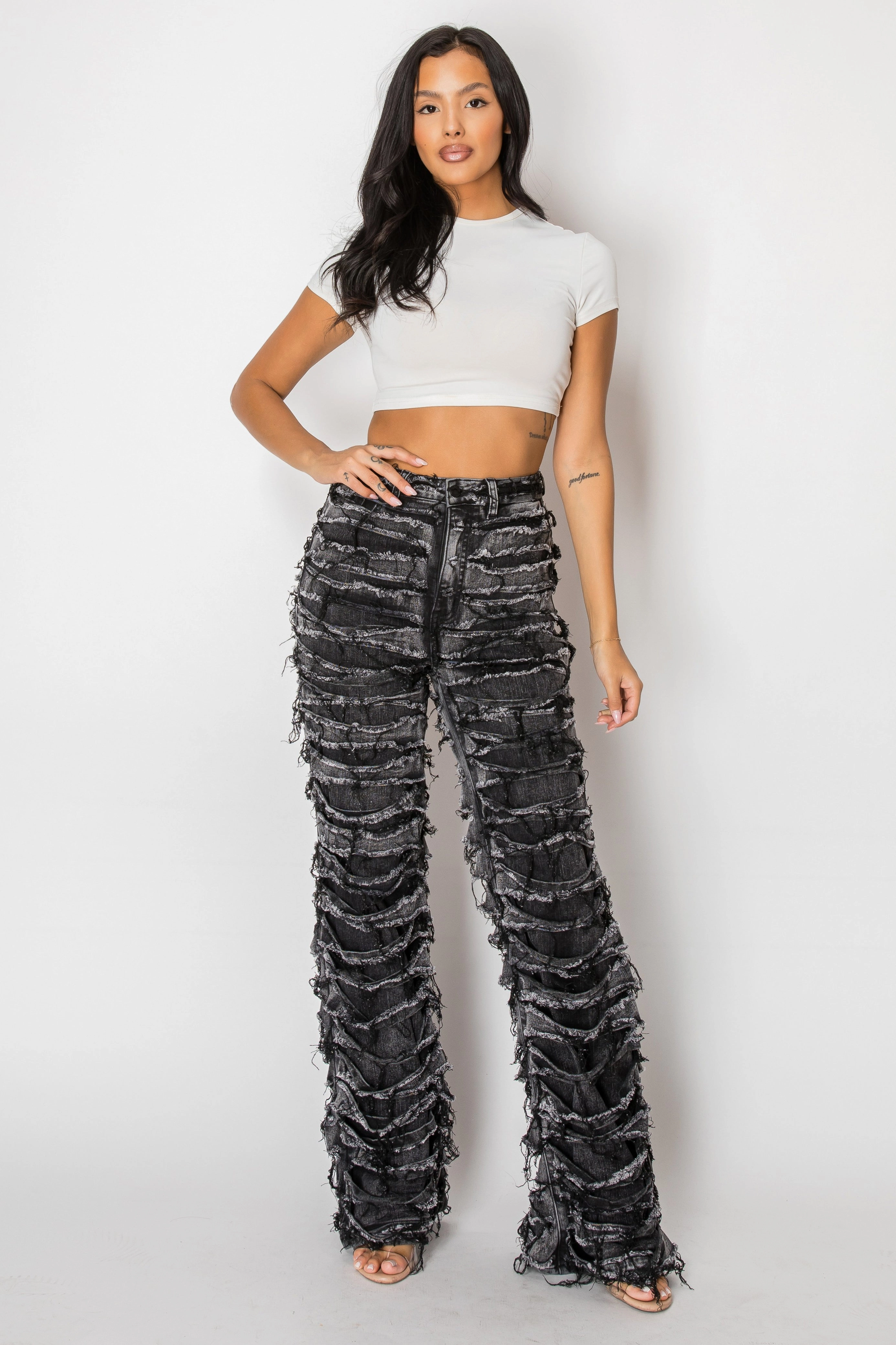 Lifestyle Ready 40810 High Rise Contrasting Layers W/ Outer Layer Fray Straight Leg Jeans