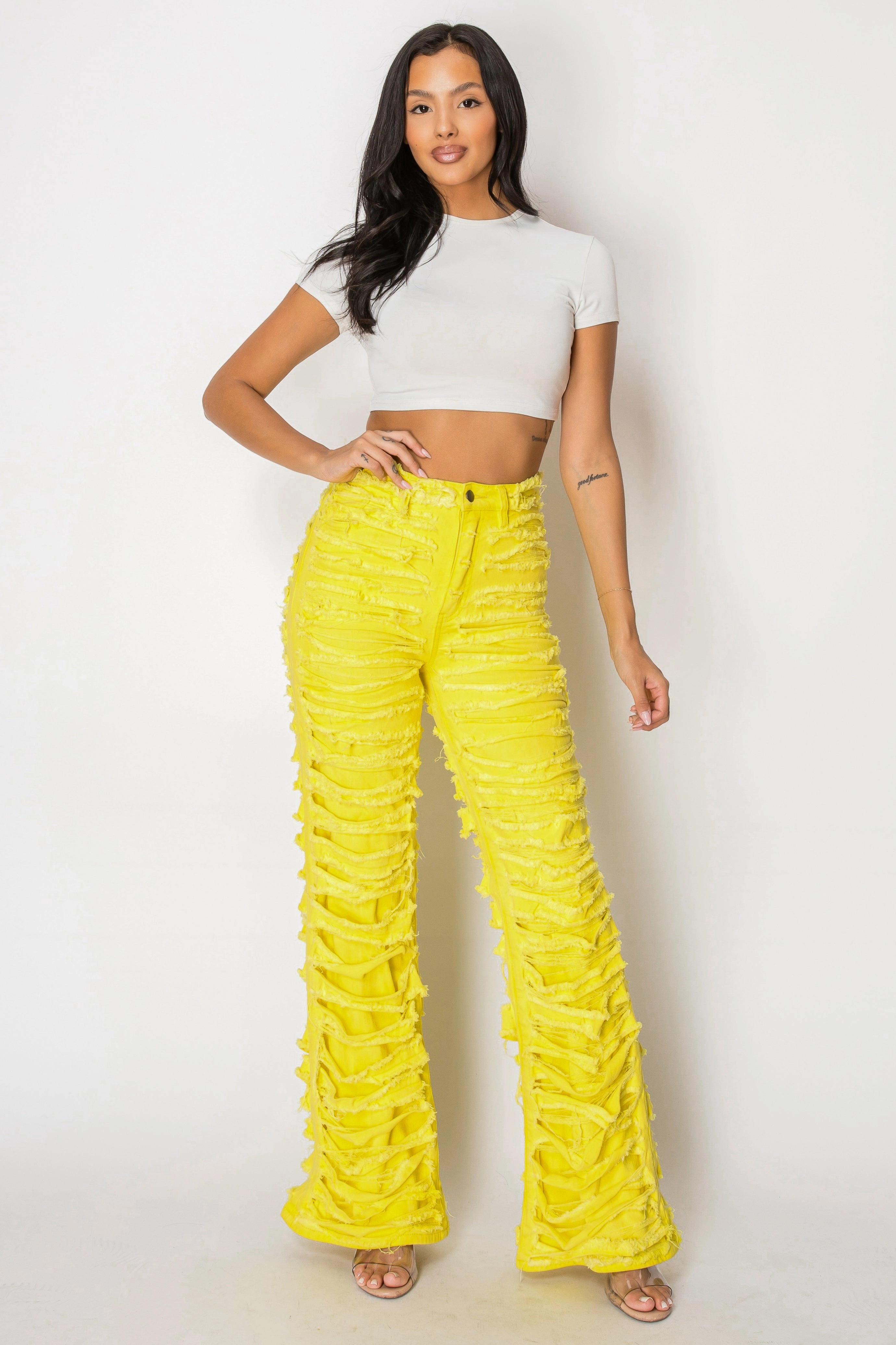 Go Everywhere 40810 High Rise Contrasting Layers W/ Outer Layer Fray Straight Leg Jeans