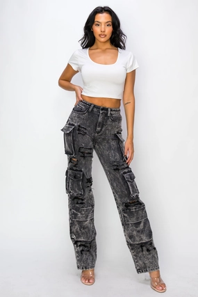 Travel Outfit Casual Stretch Minimalist Elegant 40846 Mid Rise Multi Pockets Acid Washed Cargo Jeans