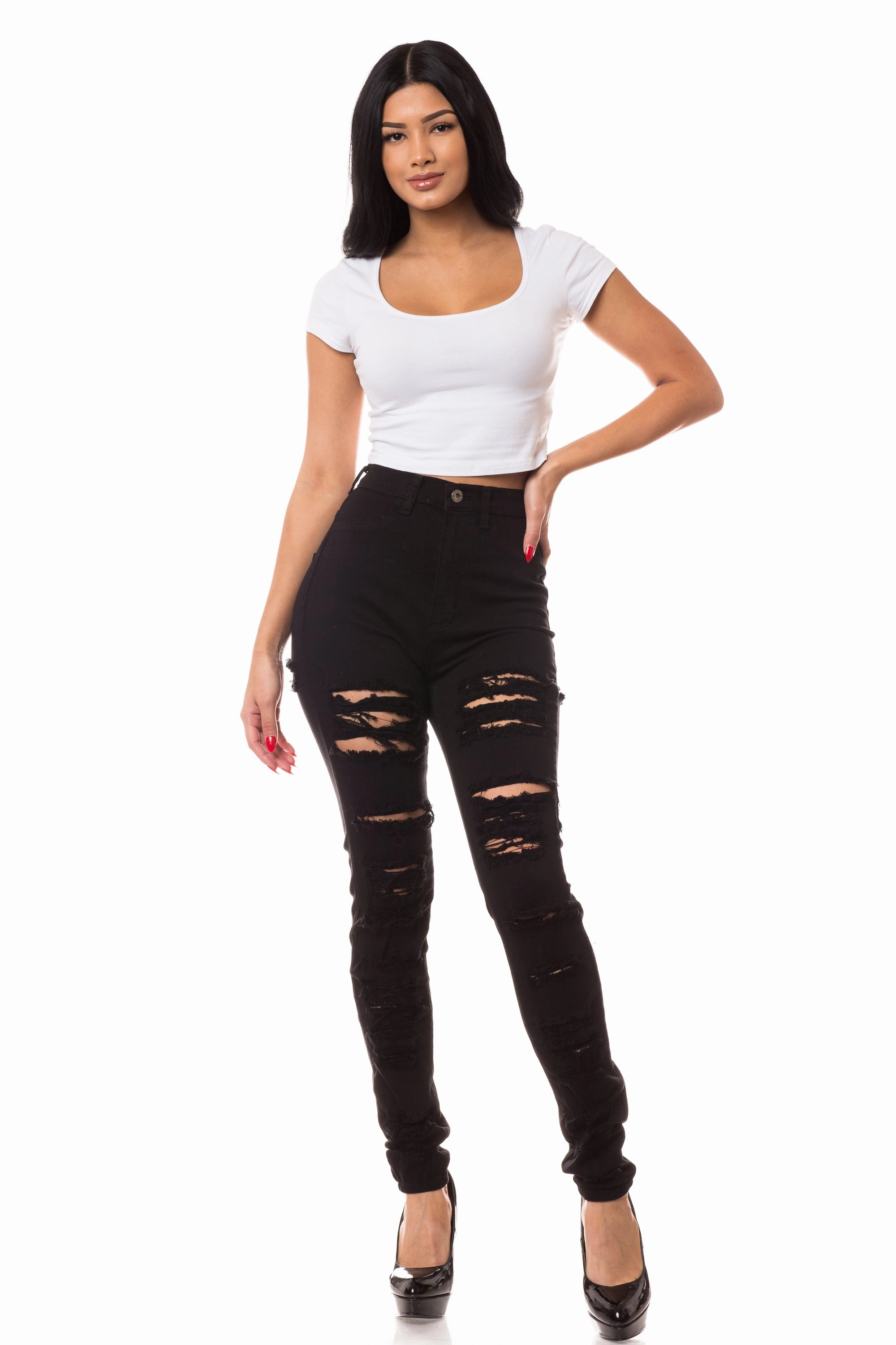 Family Style Minimalist Style Date Night 4251 Super High Waisted Distressed Skinny Jeans
