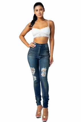 4273 Super High Waisted Distressed Skinny Jeans Casual Smart Casual Unisex Wear Brushed Interior