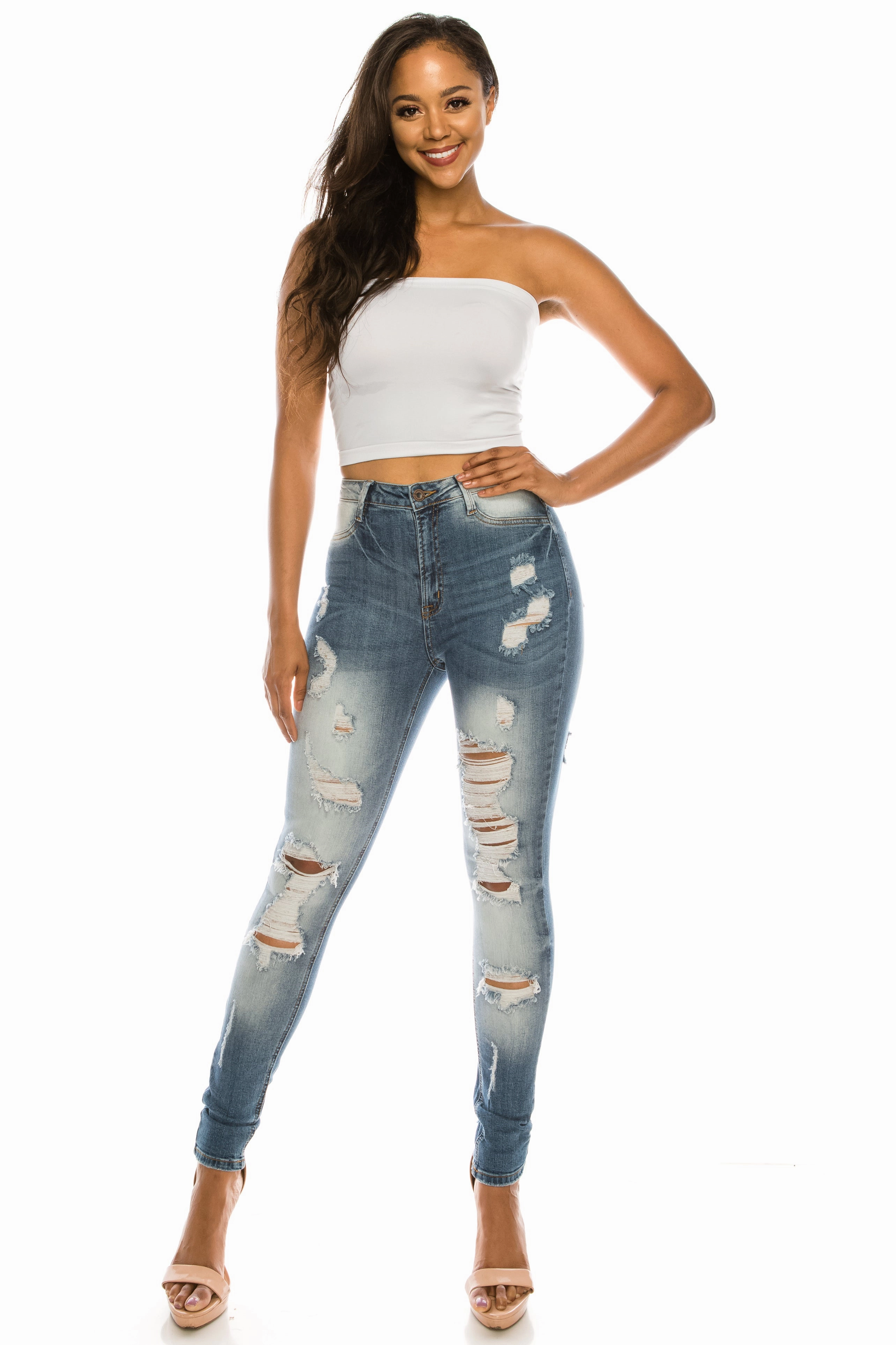 Riveted Stress Points 4357 Women's High Waisted Distressed Skinny Jeans
