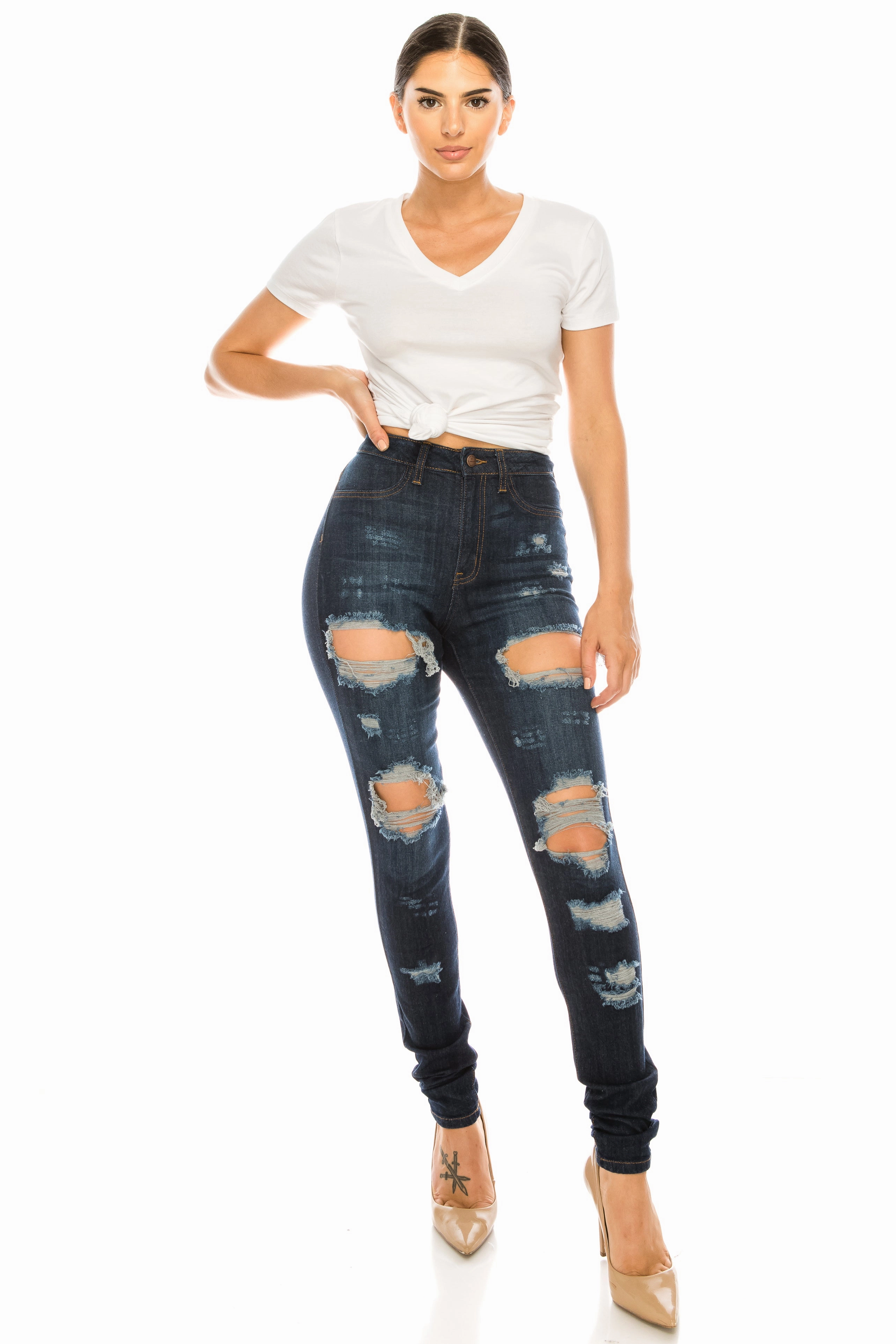 4358 Super High Waisted Distressed Skinny Jeans with Cut Outs Casual Solution