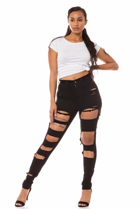 4376 Women's High Waisted Distressed Skinny Jeans with Cut Outs Bold Look Parent Style