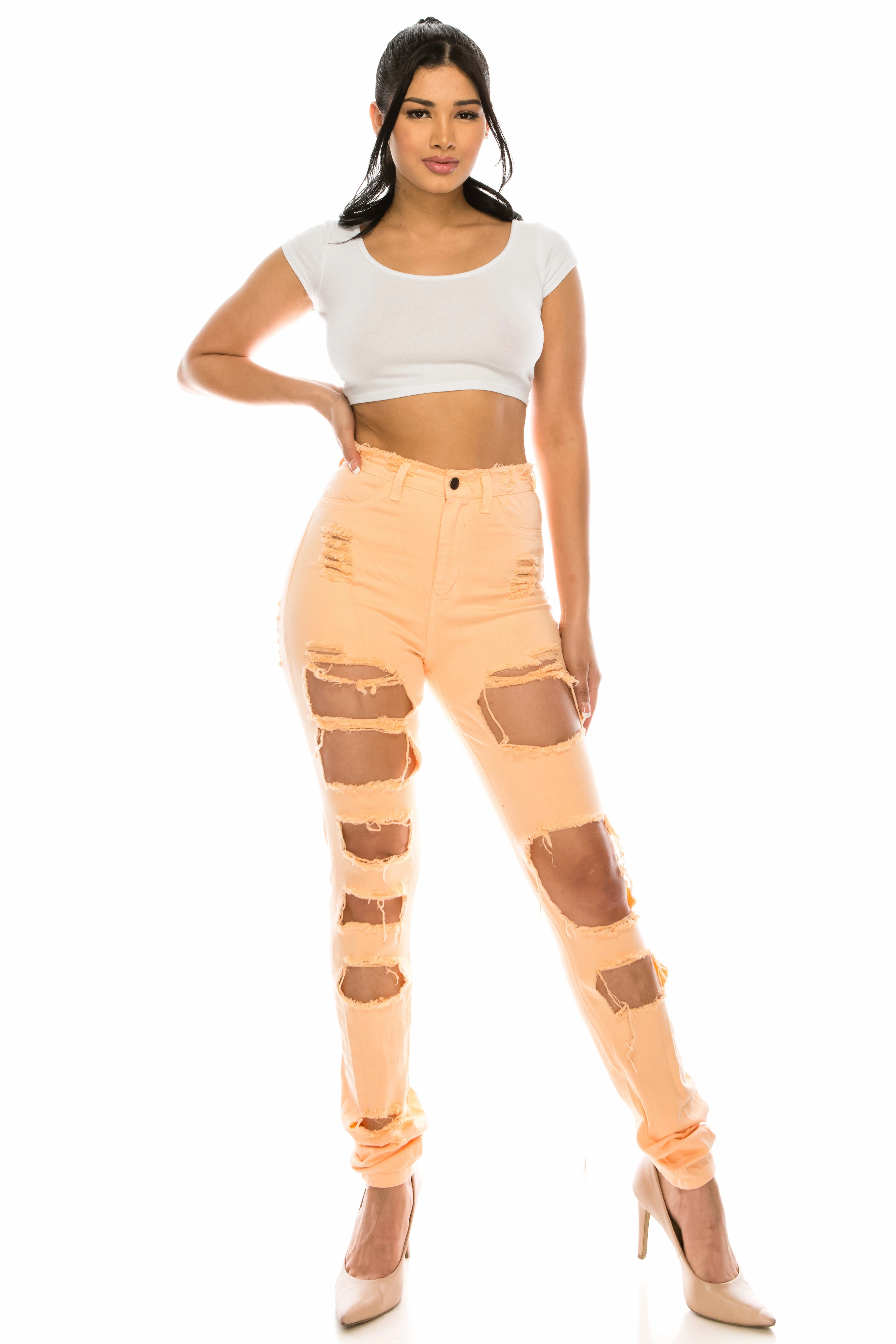 Affordable Beach Day 4376 Women's High Waisted Distressed Skinny Jeans with Cut Outs