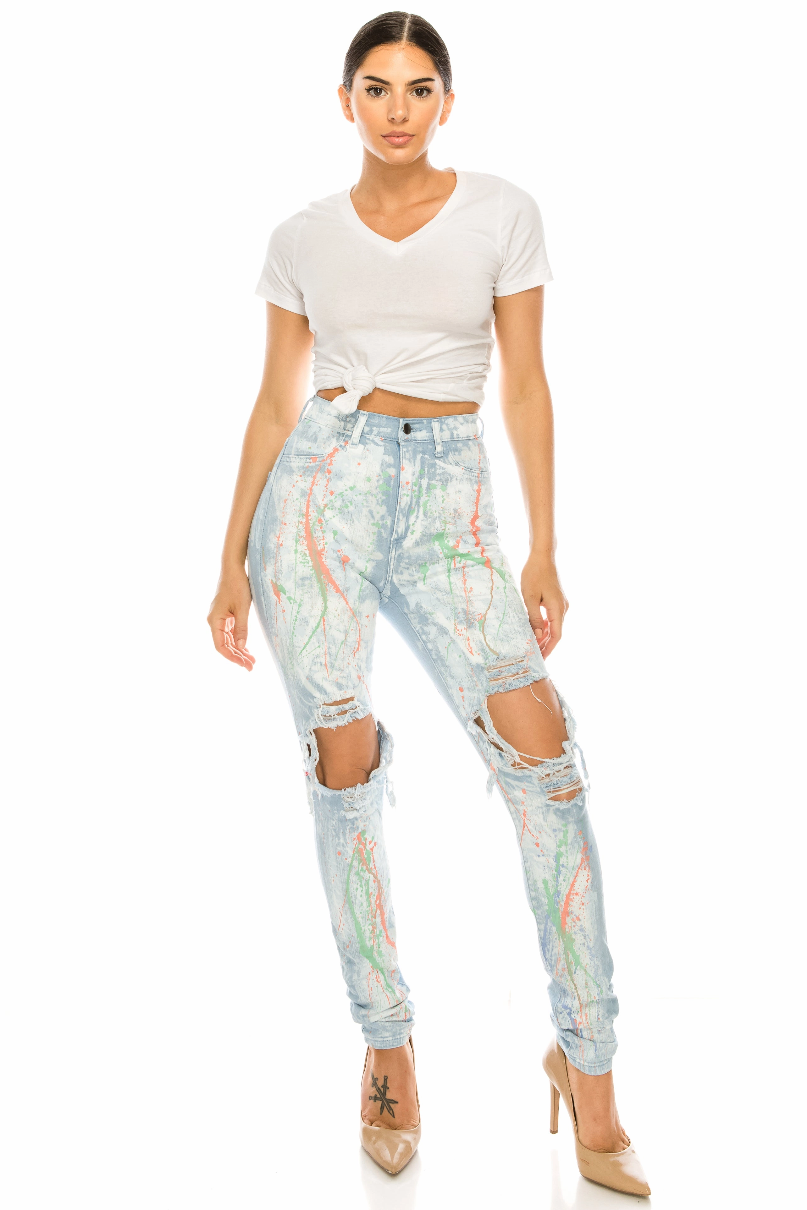 4378 Women's Super High Waisted Distressed Painted Skinny Jeans Cropped length