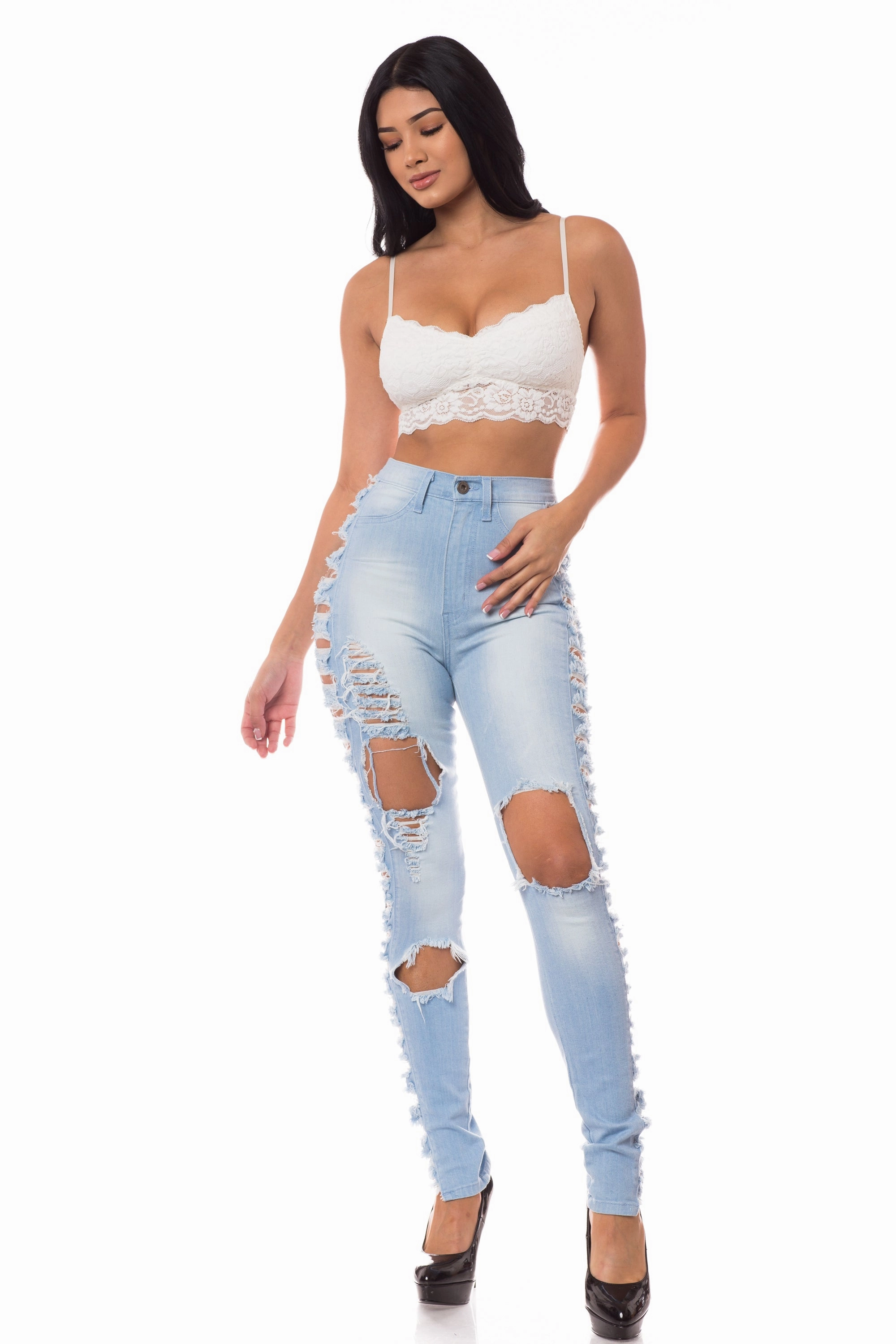Double Stitched Seams 4383 Women's High Waisted Distressed Skinny Jeans with Cut Outs