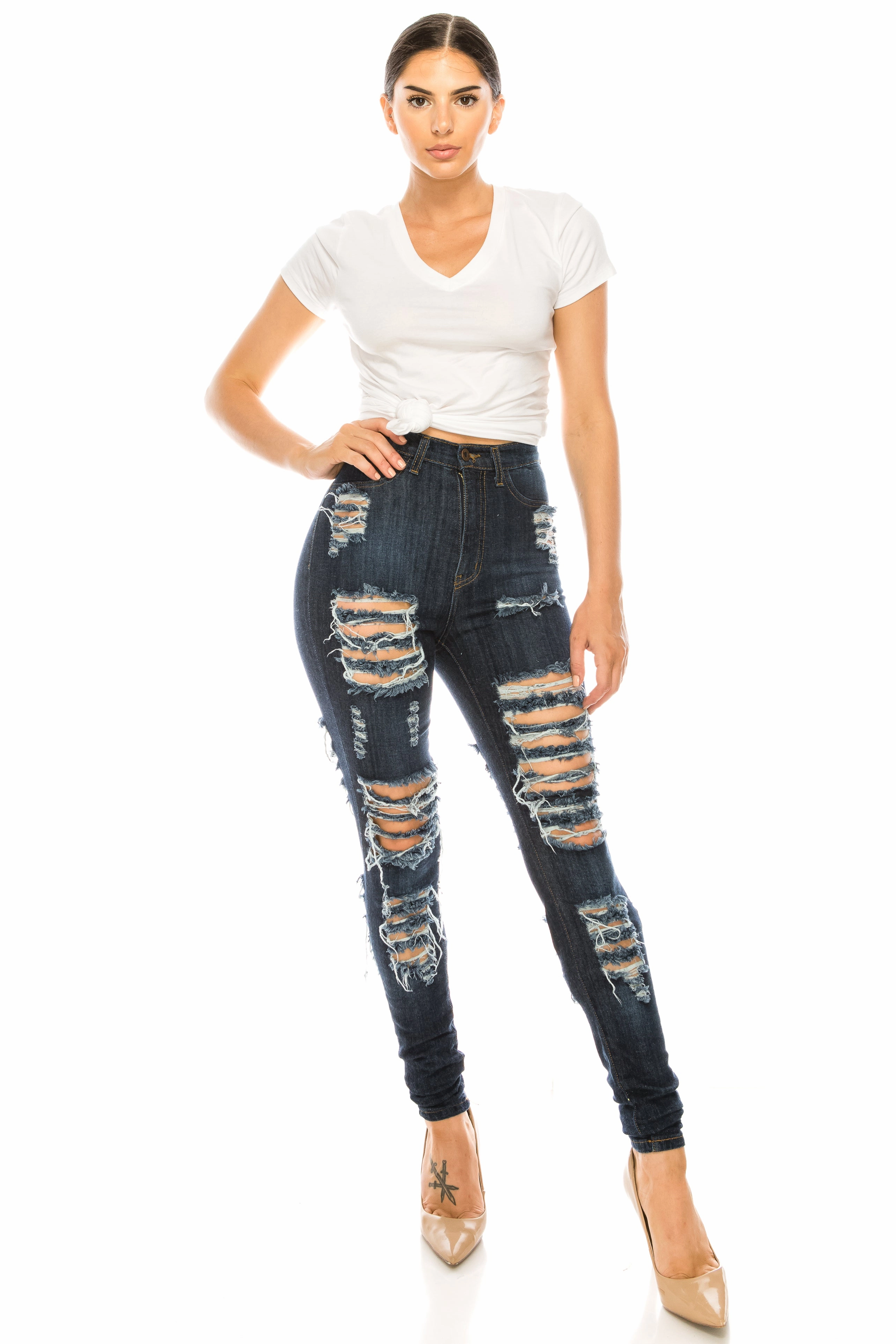 Weekend Warrior Earthy Recycled Fiber Content 4396 Women's High Rise Large Spot Destruction Skinny Jeans