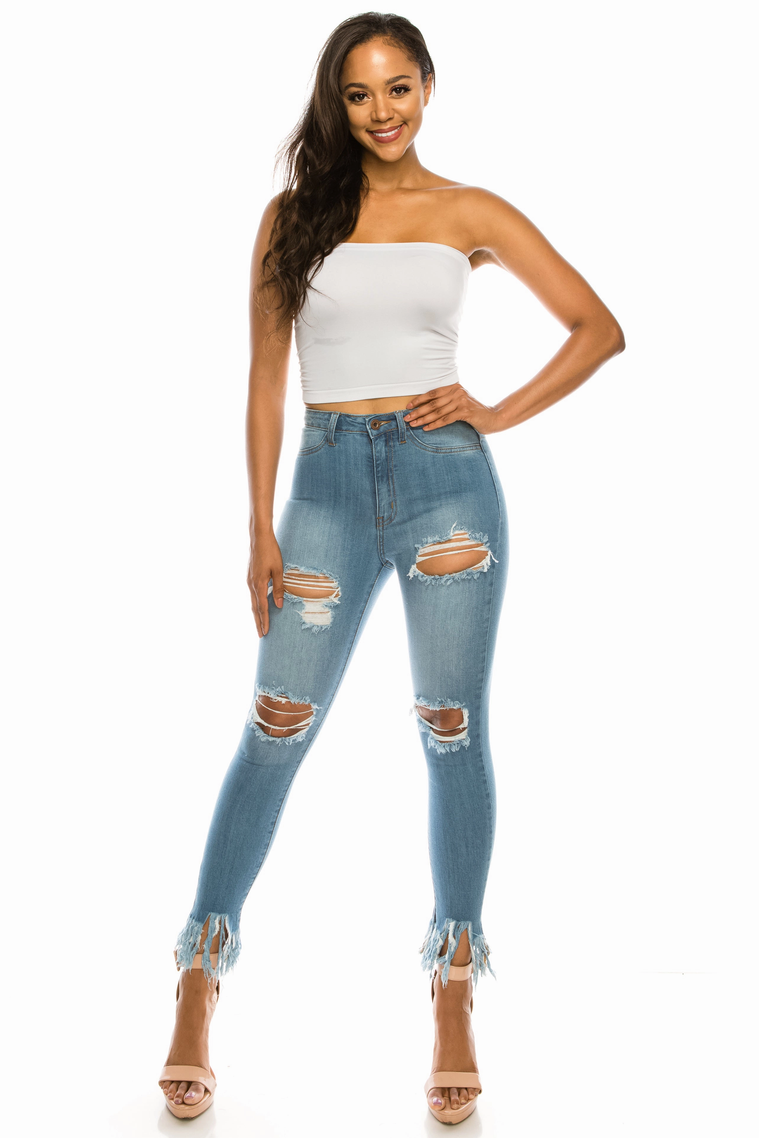 Softened Fabric 4433 Super High Waisted Distressed Skinny Jeans with Cut Outs