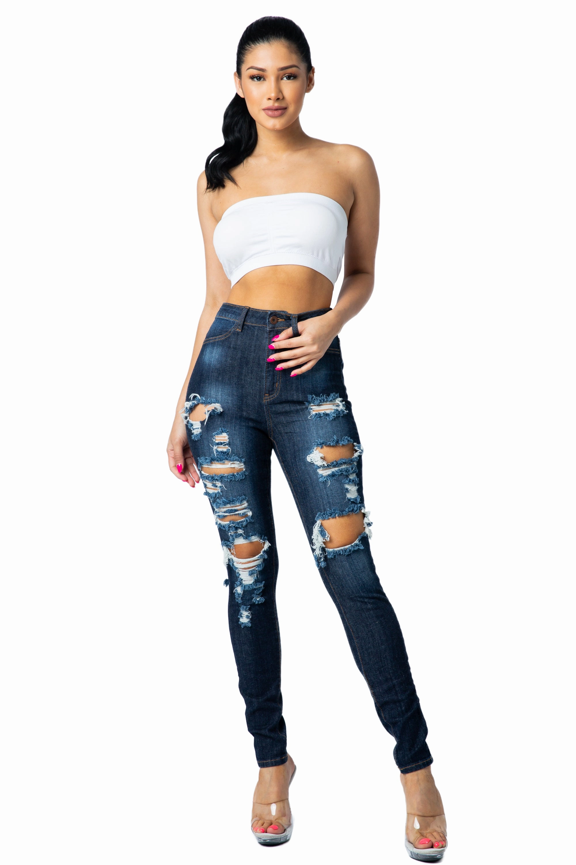 4472 Women's High Waisted Distressed Skinny Jeans with Cut Outs Effortless Comfort