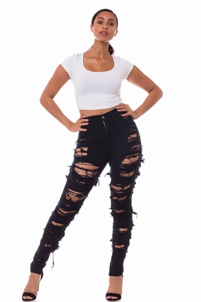 Breathable Travel Outfit Brunch Outfit 4483 Women's High Waisted Distressed Unhemmed Skinny Jeans with Cut Outs